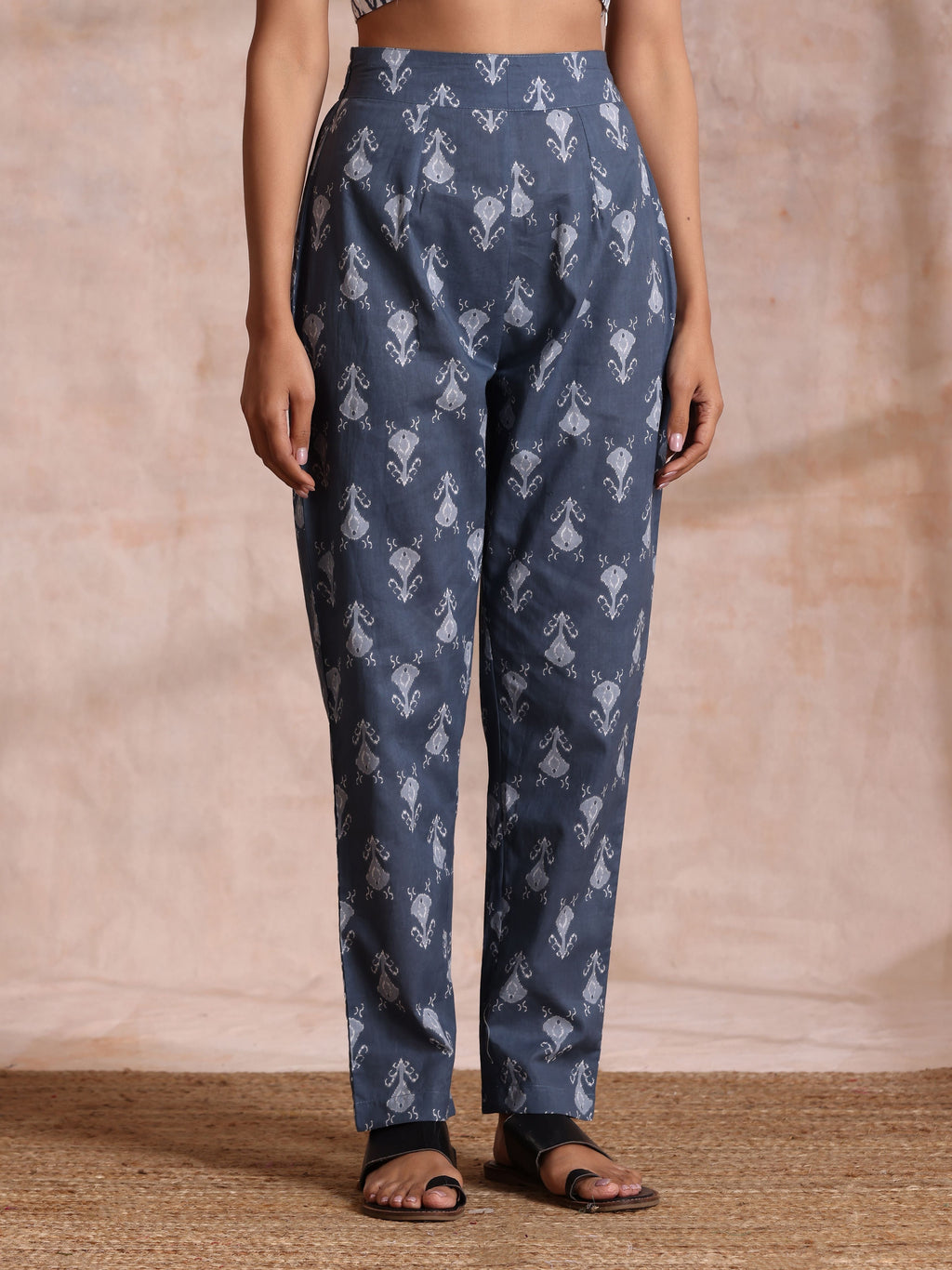 trueBrowns Grey On Grey Ikat Print Cotton Pant Suit Set