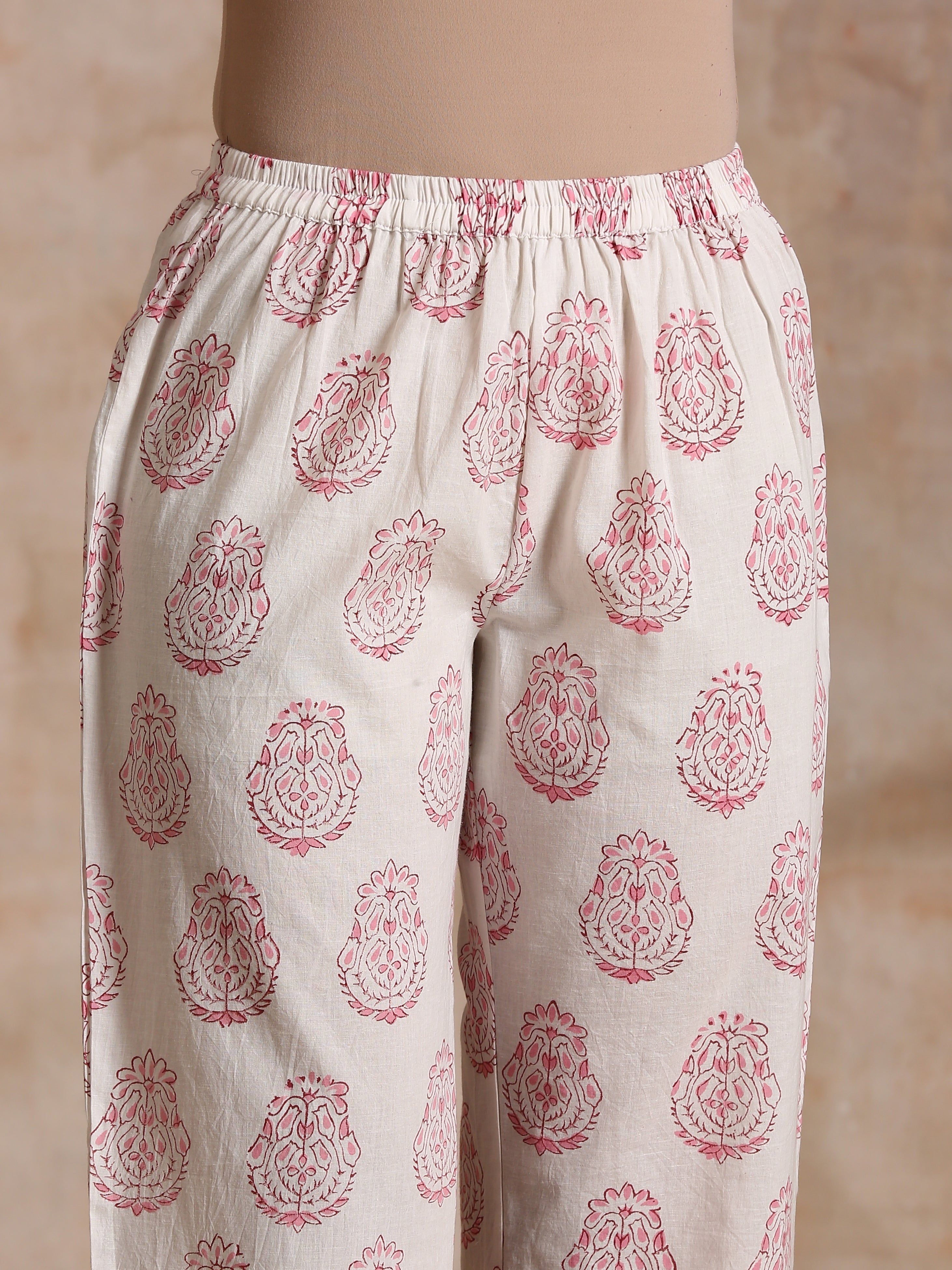 trueBrowns Pink Big Buta On White Print Cotton Angrakha Kurta Pant Set