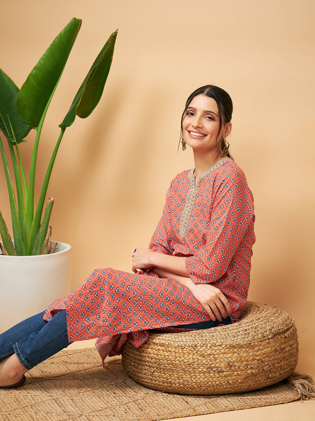InWeave Women's Coral Blue Boota Print Gota Straight Kurta