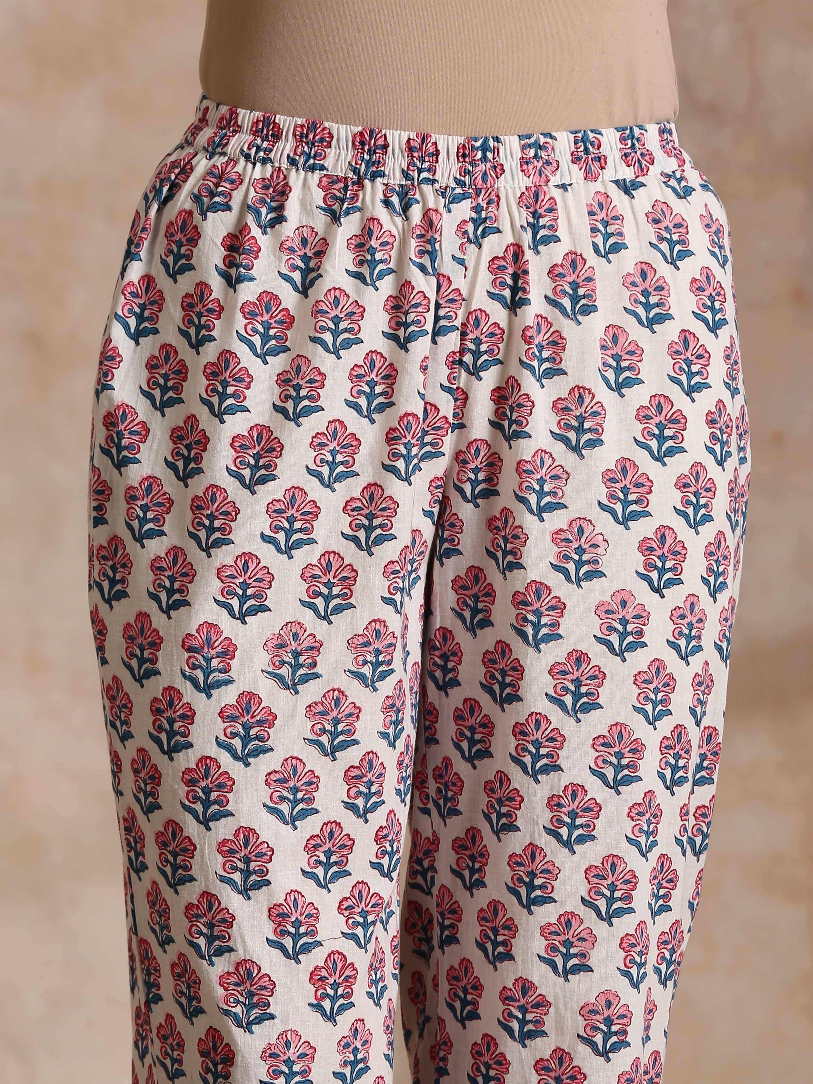 trueBrowns White With Pink Blue Floral Block Print Cotton Flared Slit Kurta Pant Set