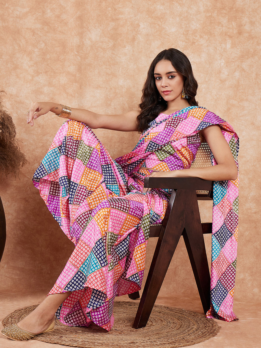 InWeave Women's Pink Square Multi Badhani Palazzo Saree