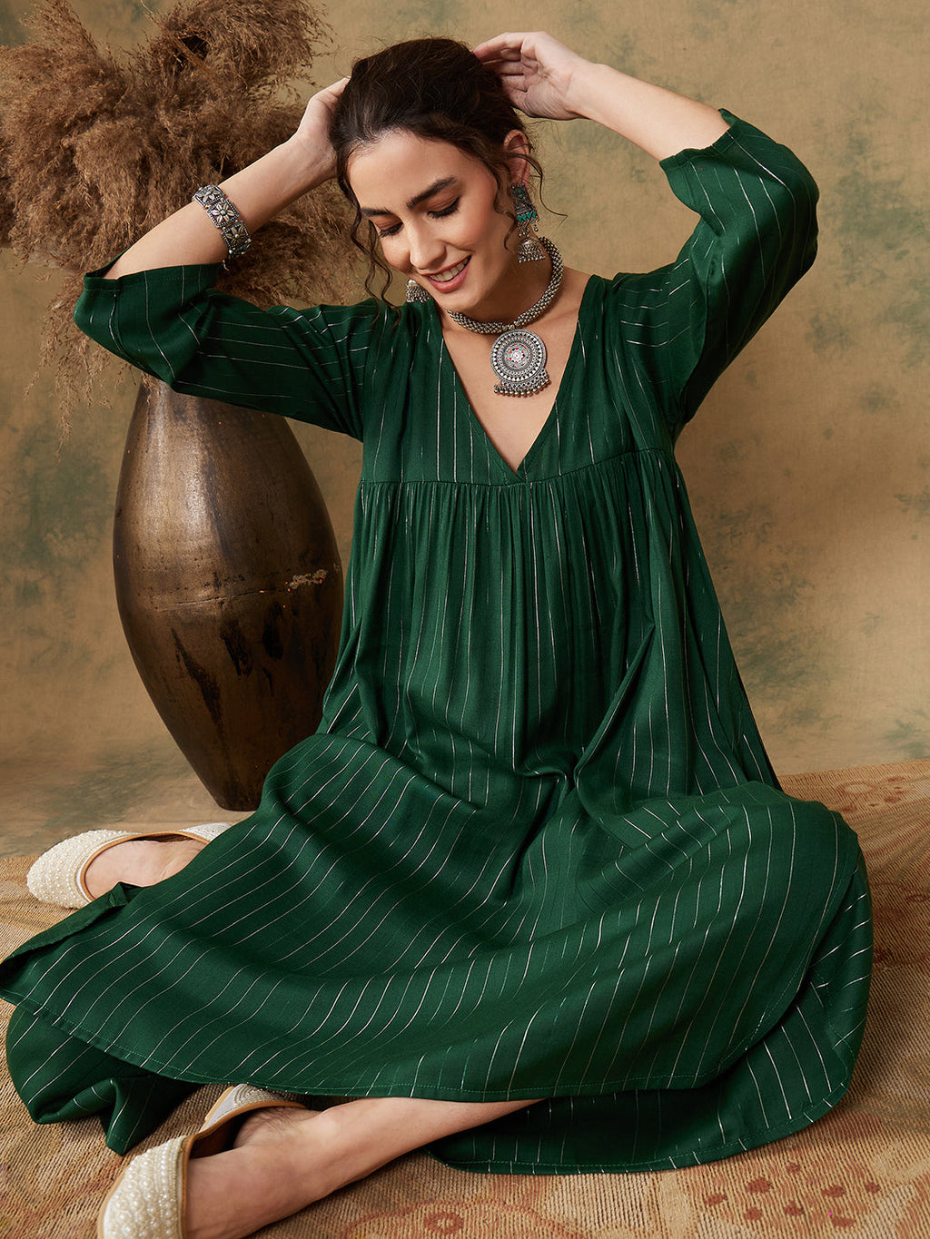 InWeave Women's Pine Green Lurex Flared V Neck Kurta Palazzo Set