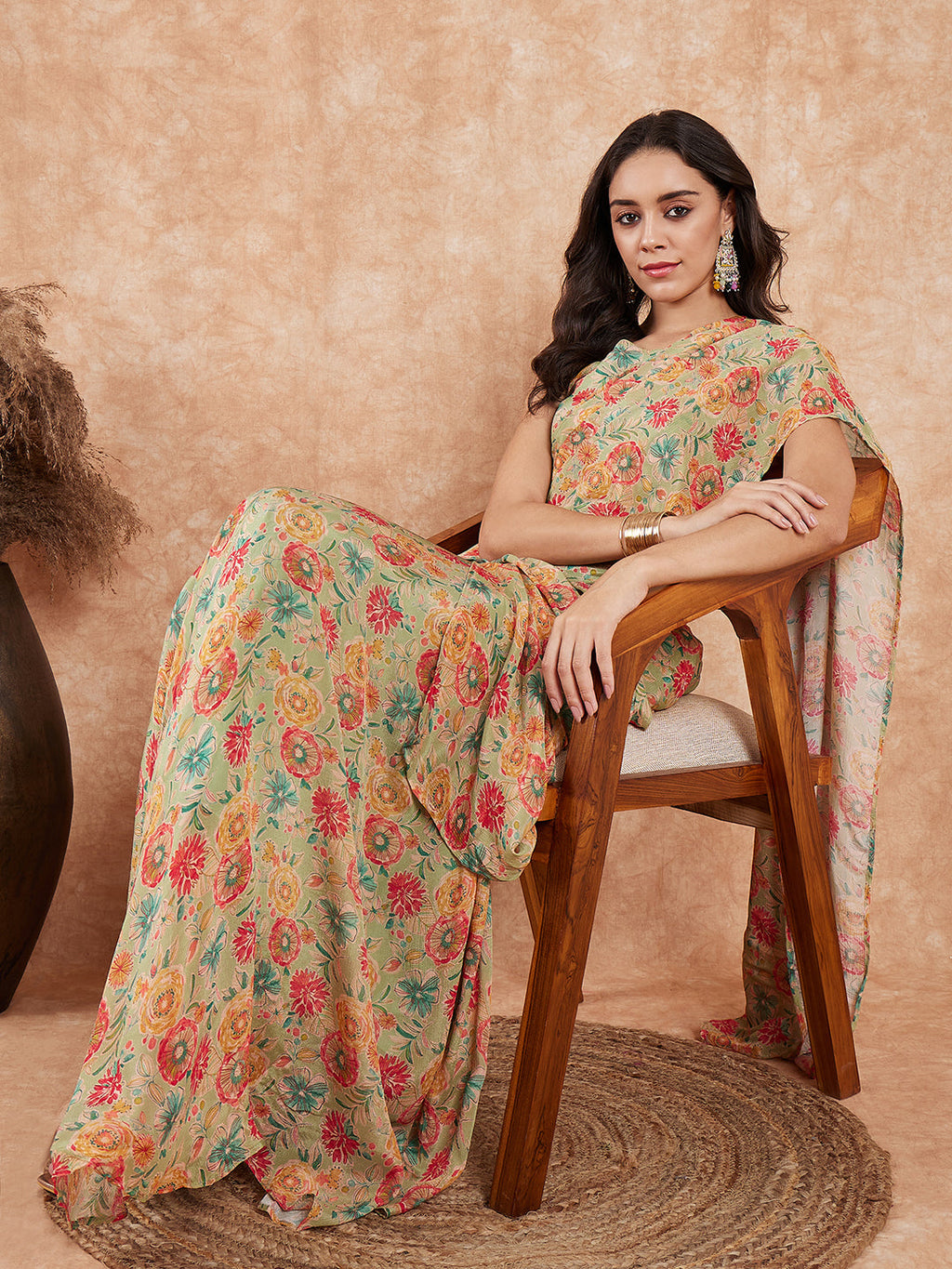 InWeave Women's Pear Green Red Floral Skirt Saree