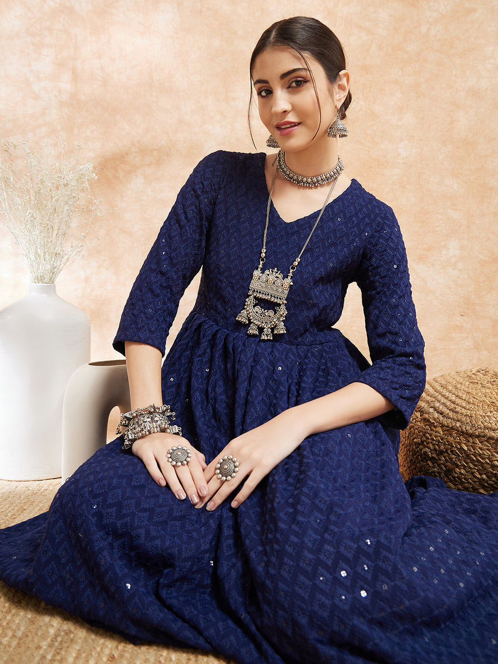 InWeave Women's Royal Blue Chikankari Long Anarkali Kurta Sharara Set
