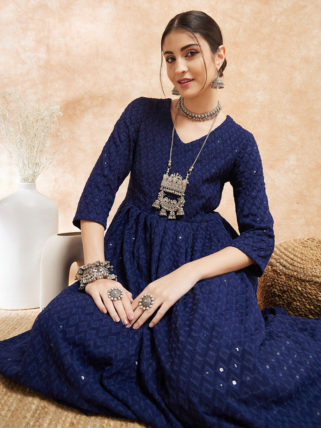 InWeave Women's Royal Blue Chikankari Long Anarkali Kurta Sharara Set