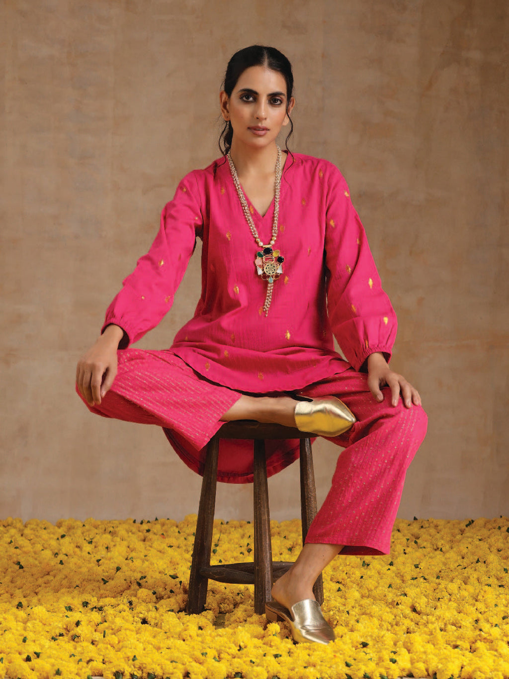 trueBrowns Pink Gold Cotton Short Co-Ord Set