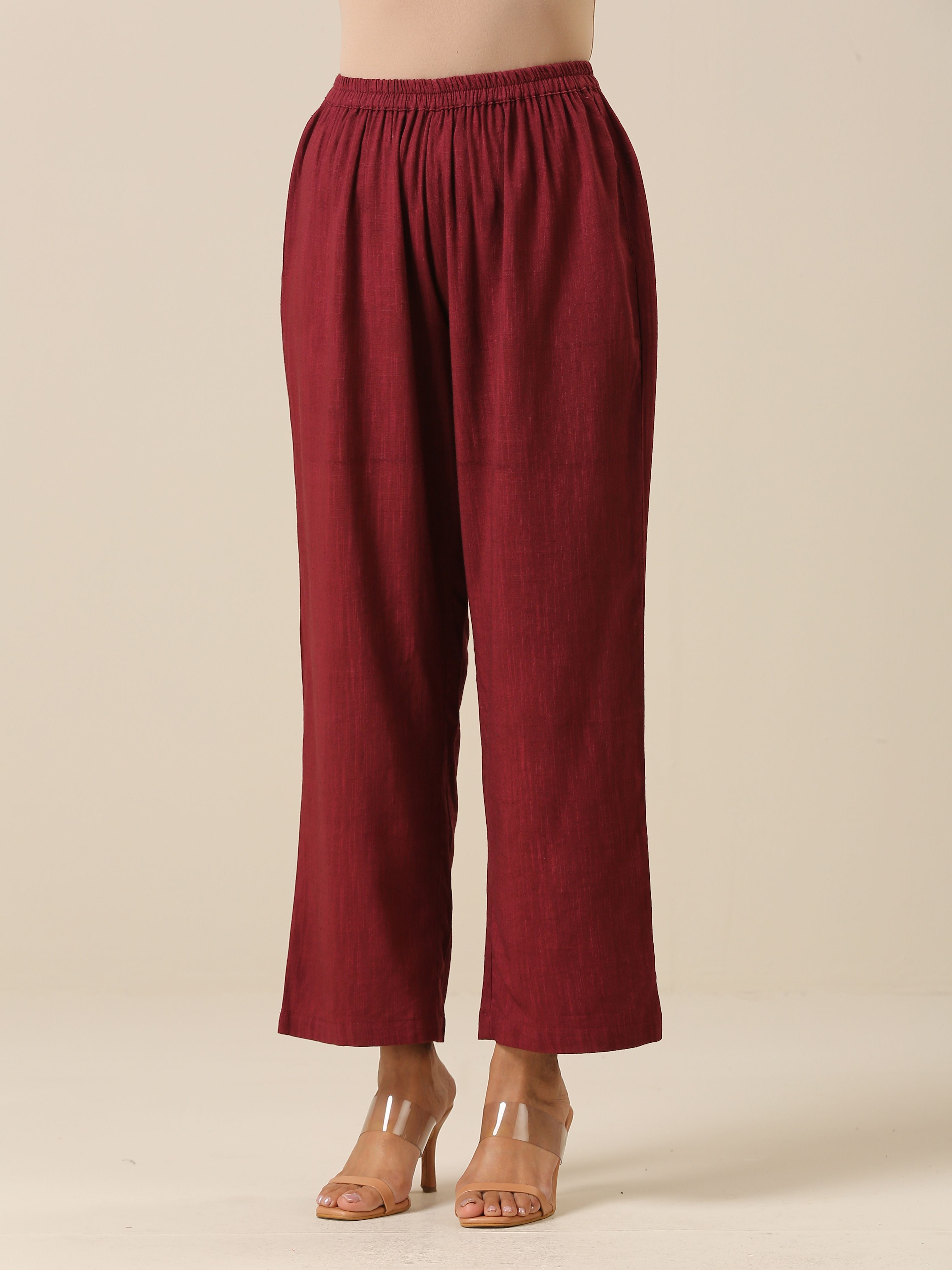 trueBrowns Ruby Wine Slub Texture Back Pleat Kurta Pant Set