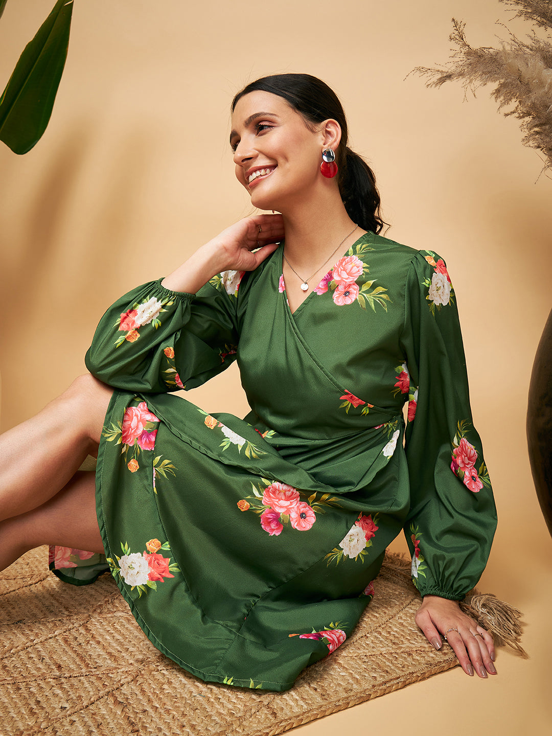 InWeave Women's Green Small Flower Belted Dress