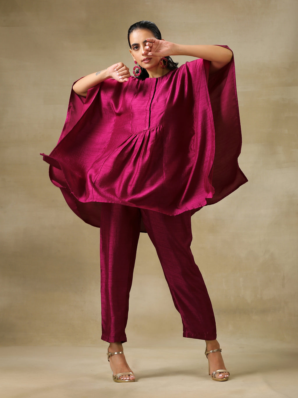 trueBrowns Purple Textured Silk Gathered Kaftan Co-Ord Set