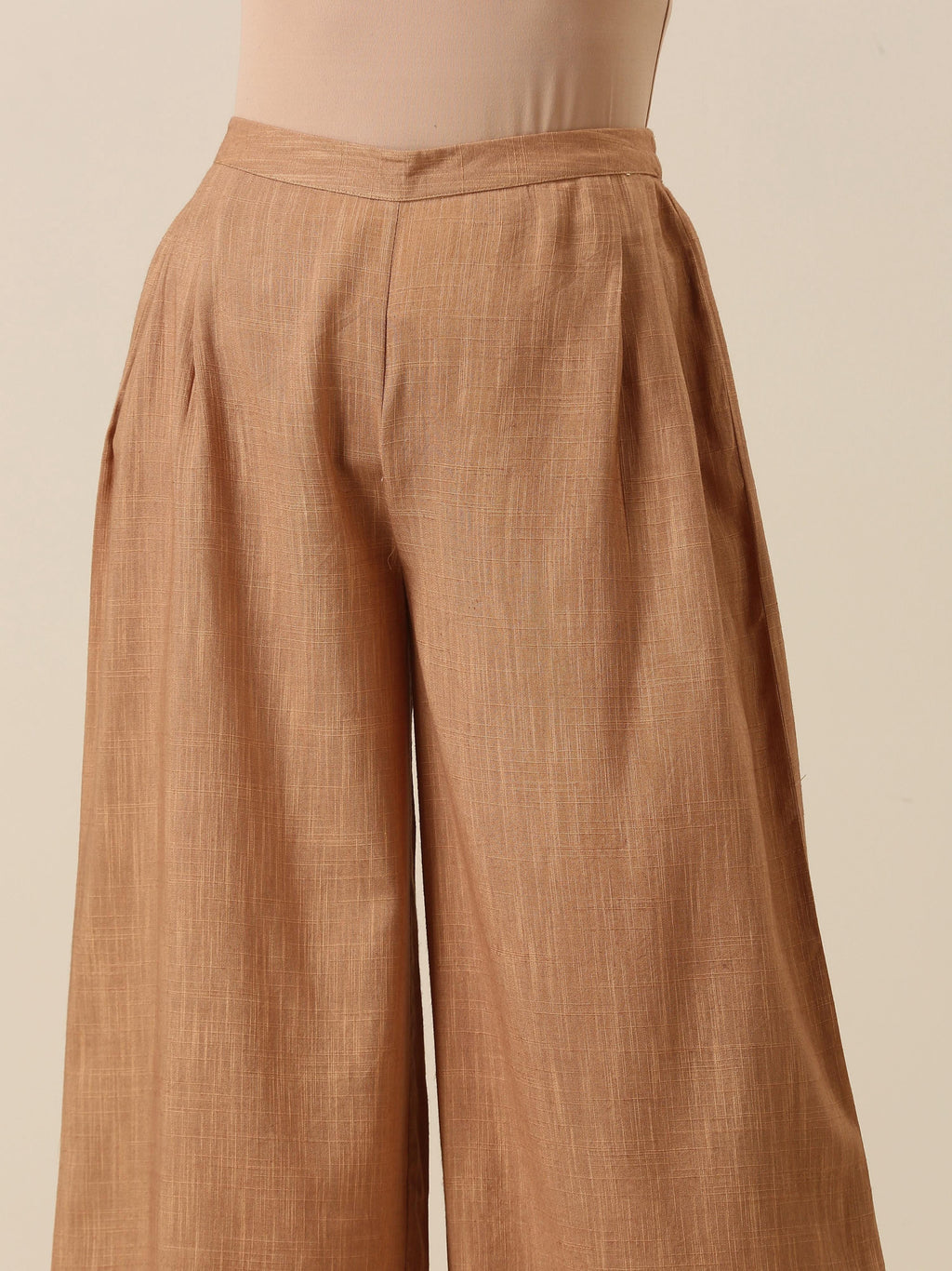 trueBrowns Beige Slub Texture Sleevesless Jacket Pant Set