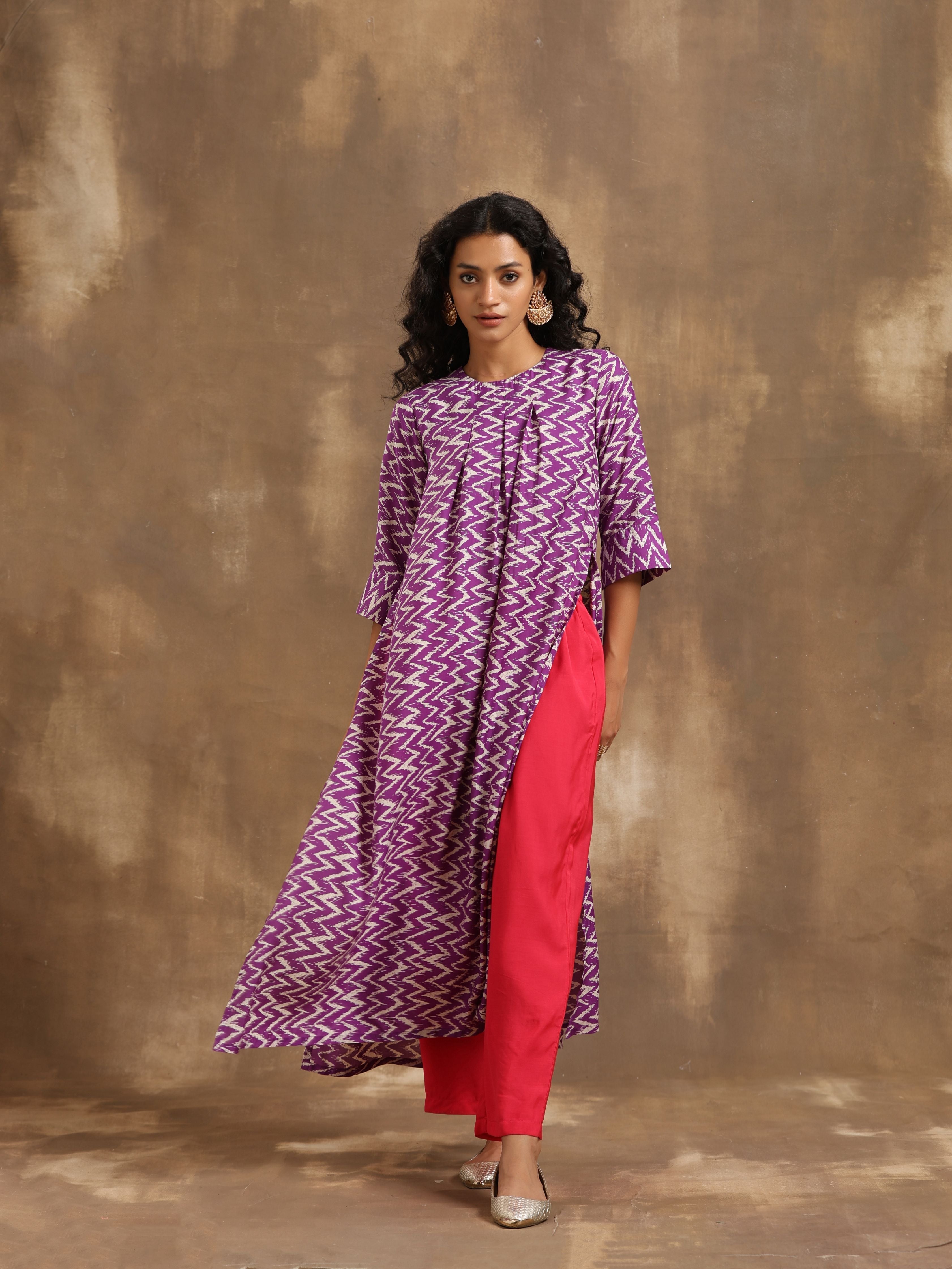 trueBrowns Purple Zig-Zag Printed Silk Kurta Pant Set