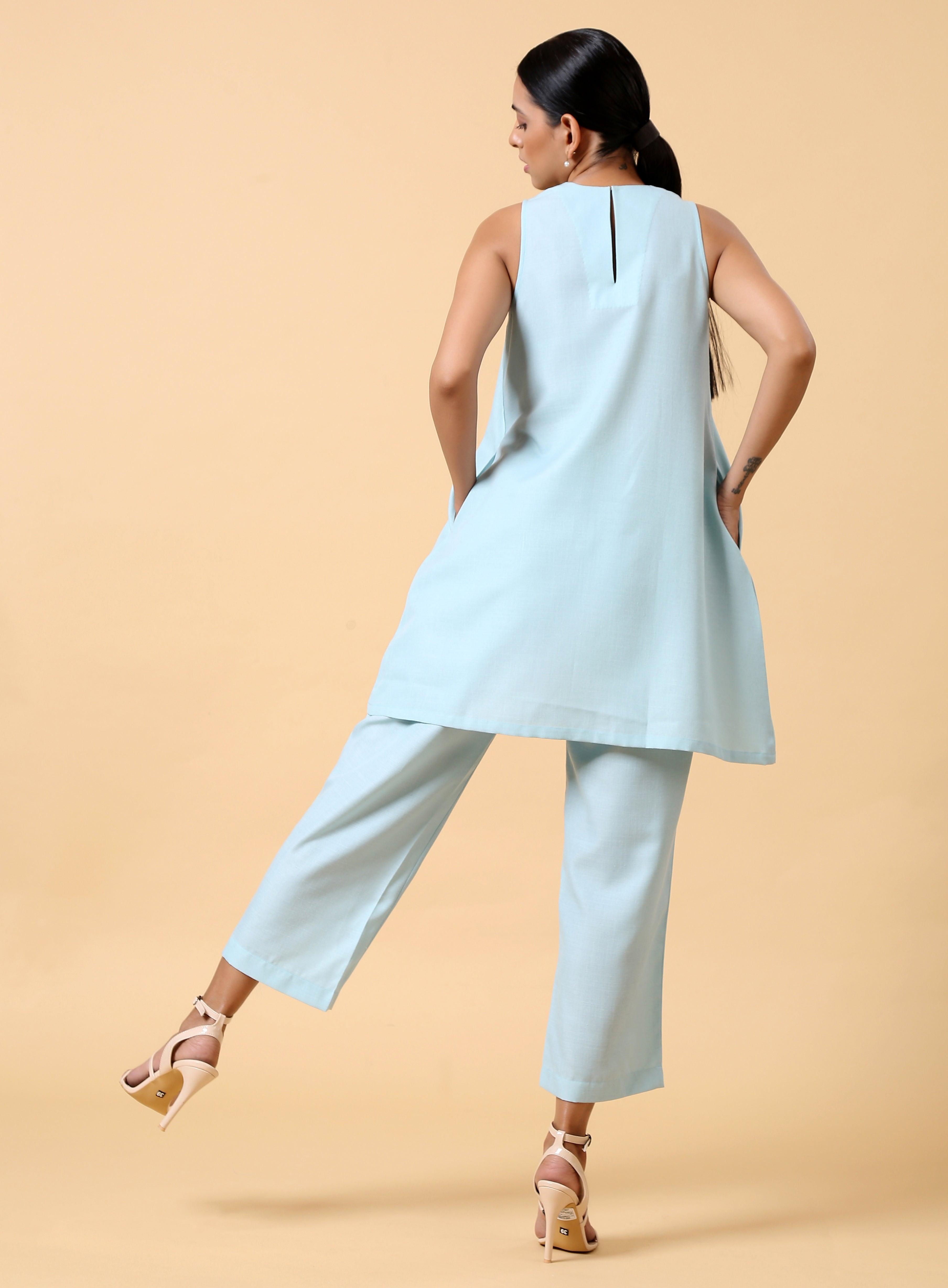 trueBrowns Cotton Linen Light Blue Sleeveless Co-Ord Set | Relove