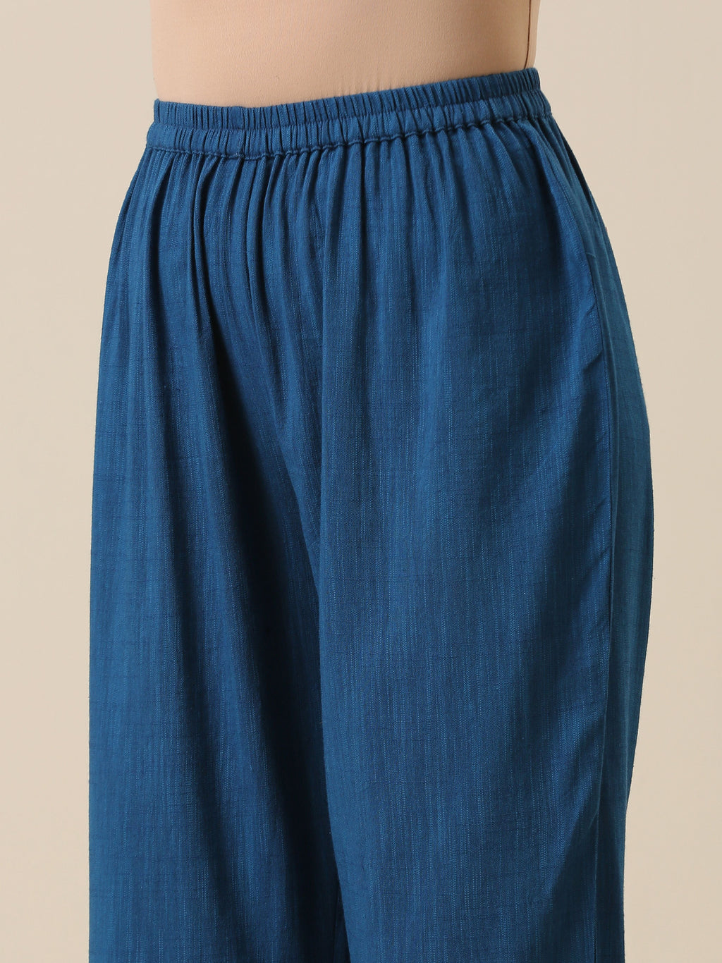 trueBrowns Classic Blue Slub Texture Overlap Pleat Kurta Pant Set
