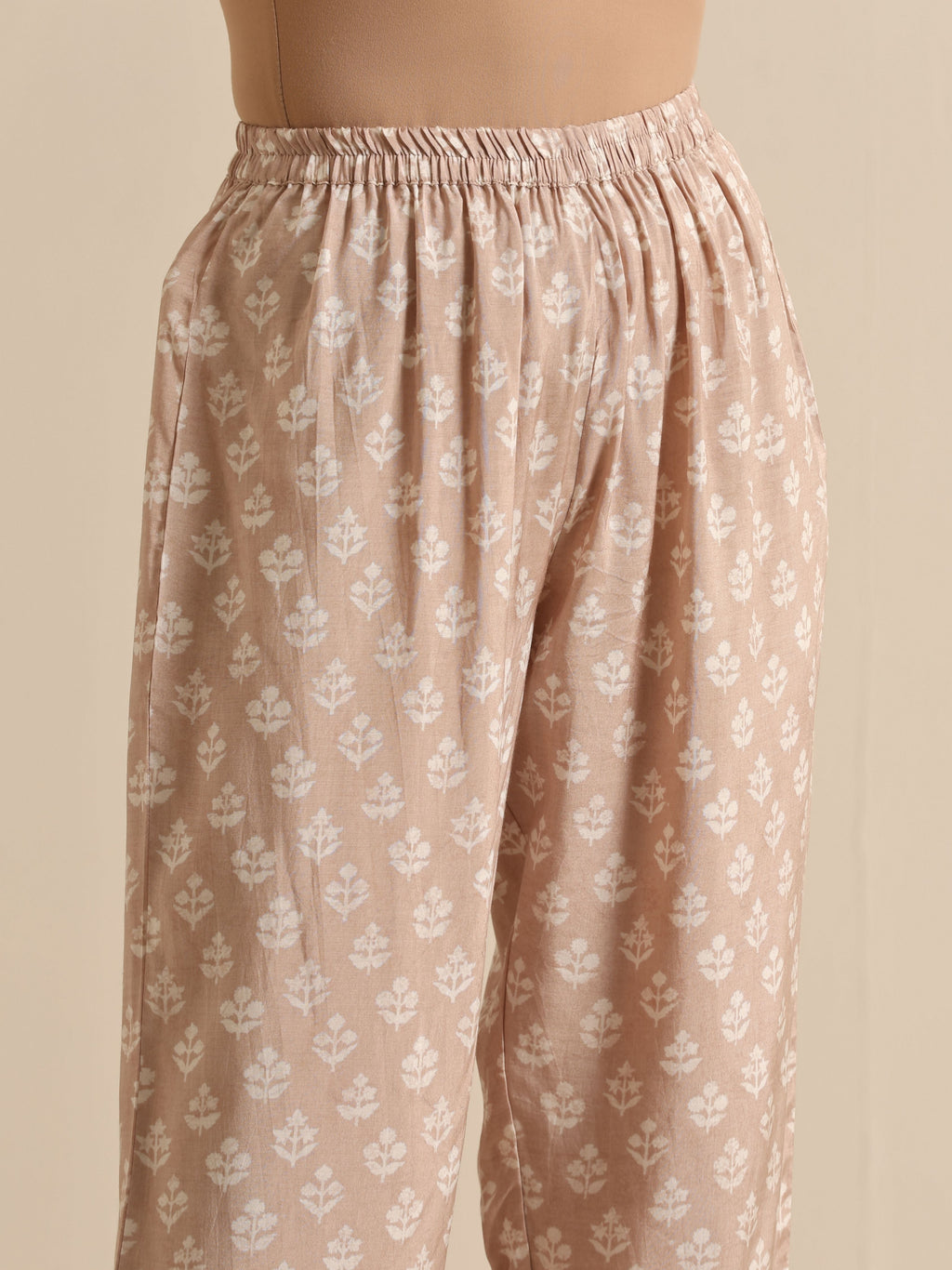 trueBrowns Beige White Floral Silk Print Kaftan Pant Set