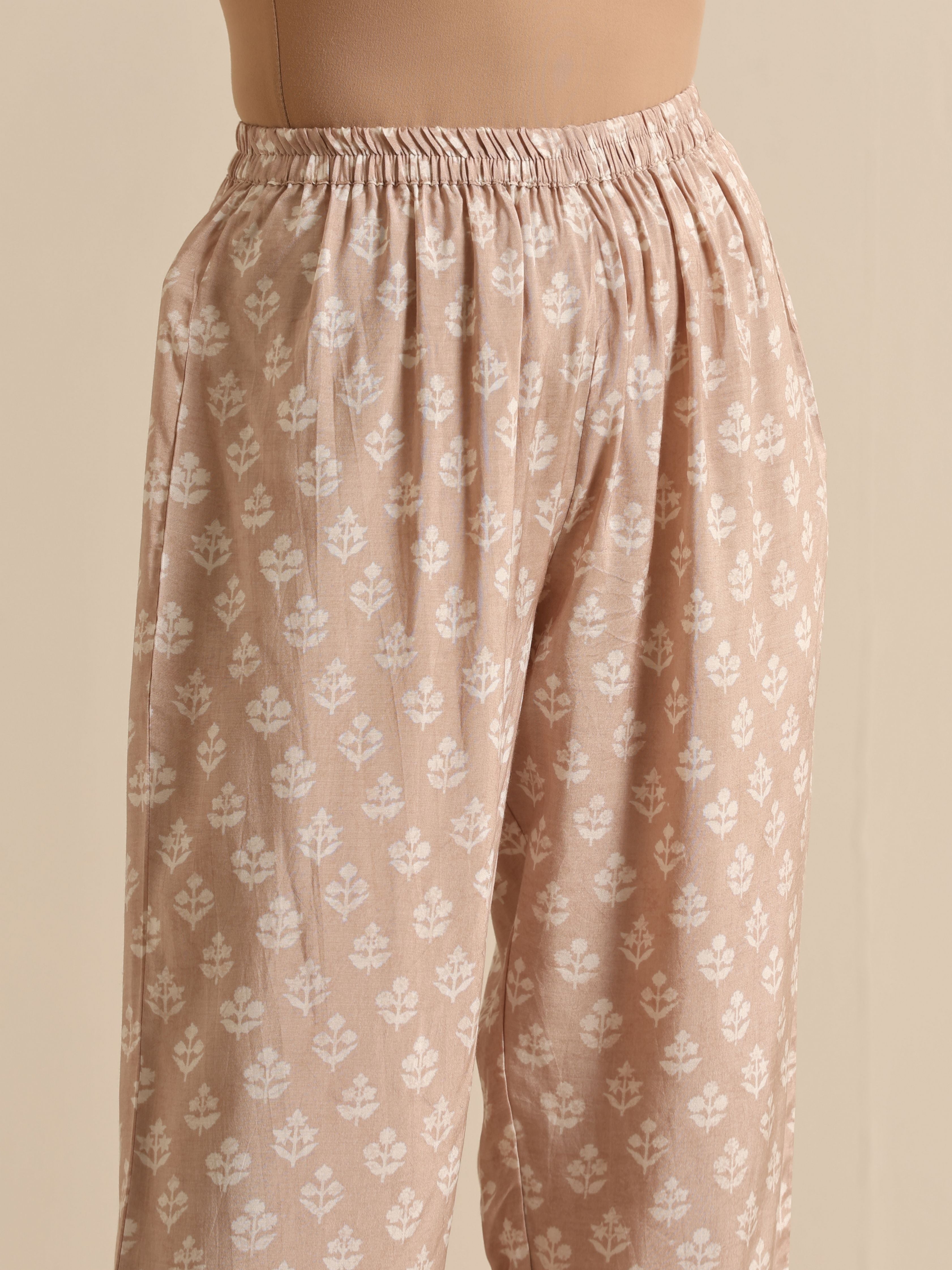 trueBrowns Beige White Floral Silk Print Kaftan Pant Set