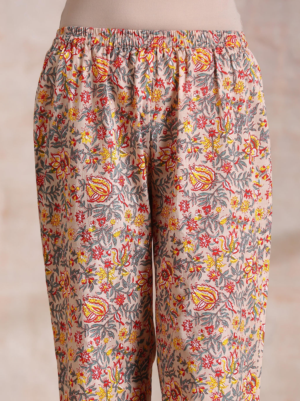 trueBrowns Multicolor Beige Overall Floral Block Print Cotton Kaftan Co-Ord Set