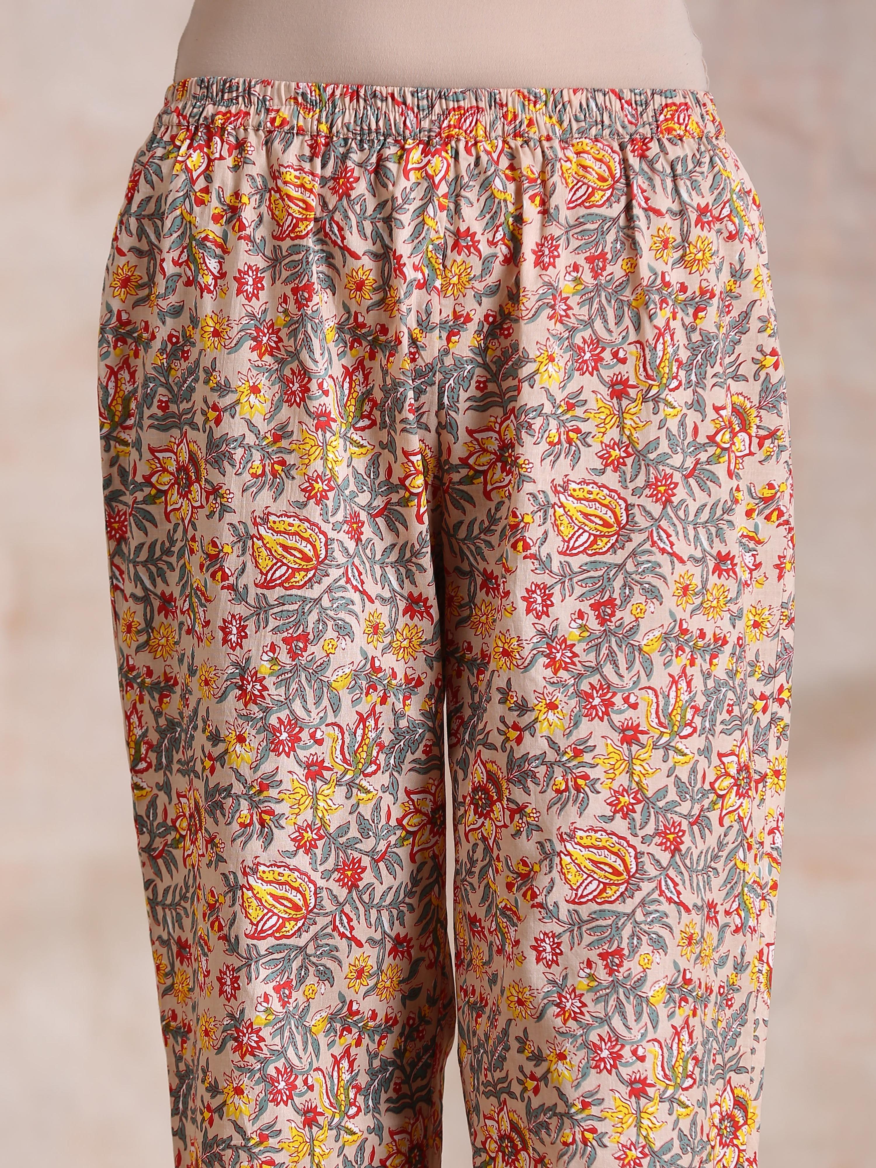 trueBrowns Multicolor Beige Overall Floral Block Print Cotton Kaftan Co-Ord Set