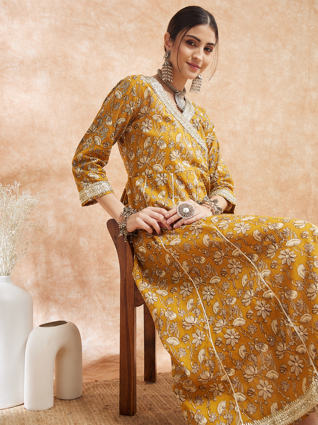 InWeave Women's Mustard Printed Gota Embroidered Anarkali Kurta