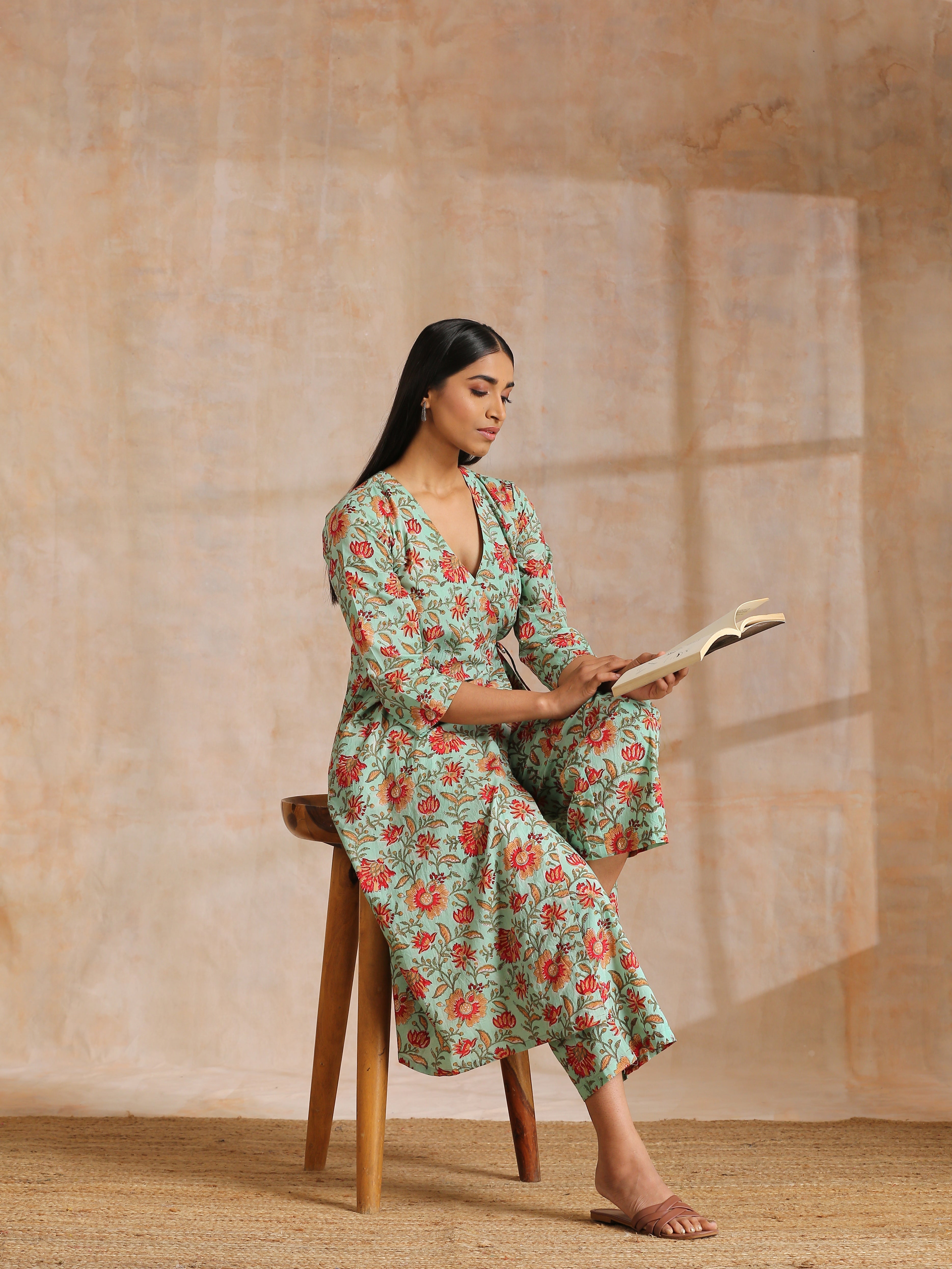 trueBrowns Seafoam Green Overall Floral Block Print Cotton Angrakha Pant Set