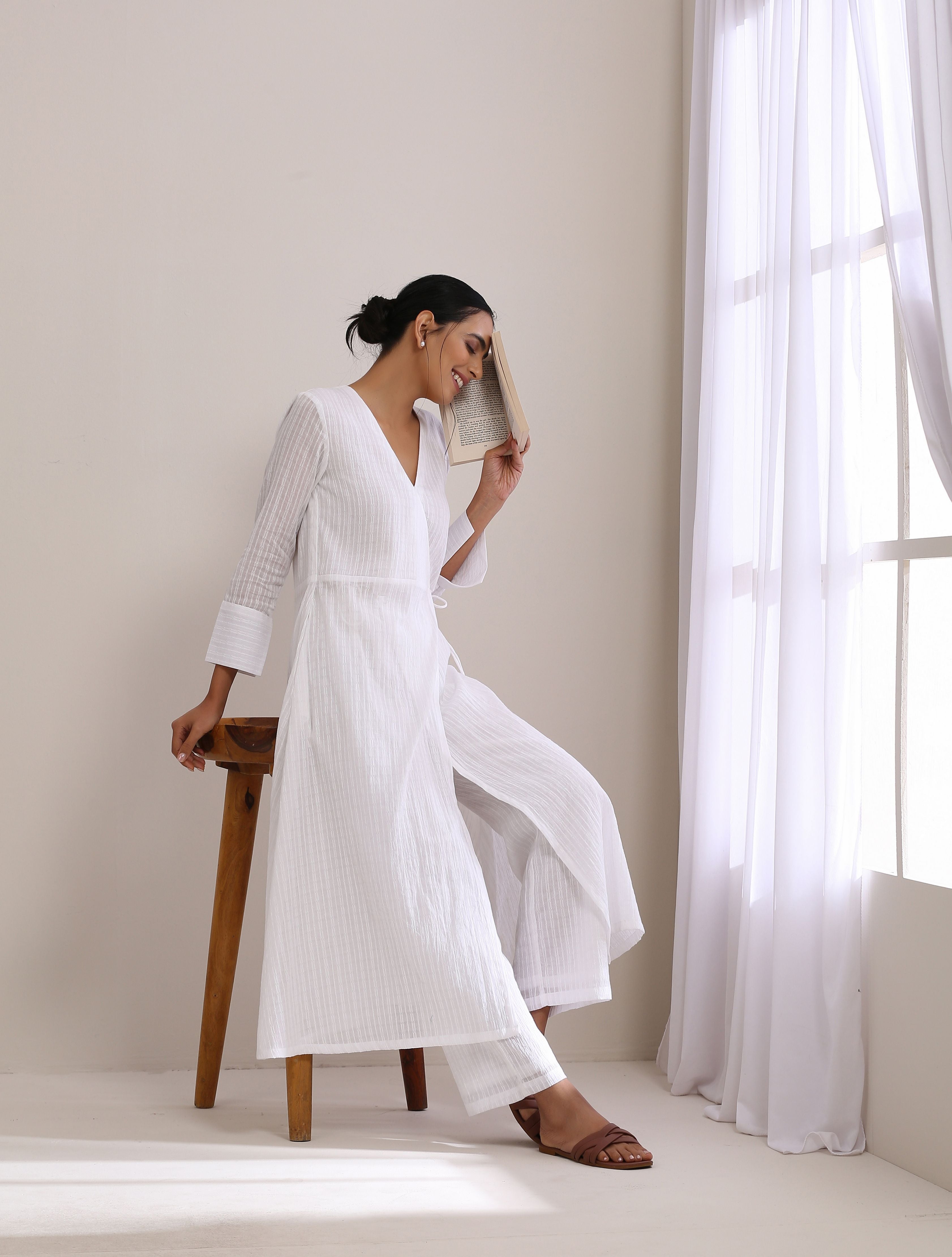trueBrowns White Dobby Angrakha Kurta Pant Set