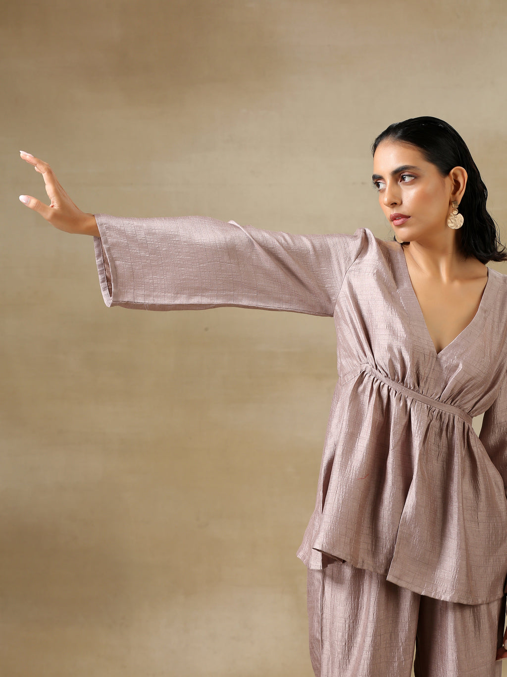 trueBrowns Grey Textured Silk Deep V-Neck Co-Ord Set