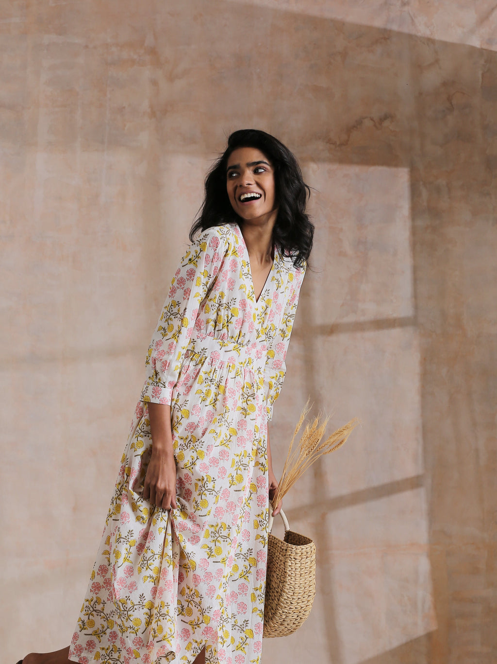 trueBrowns Pink Yellow Floral On White Block Print Cotton Wrap Dress