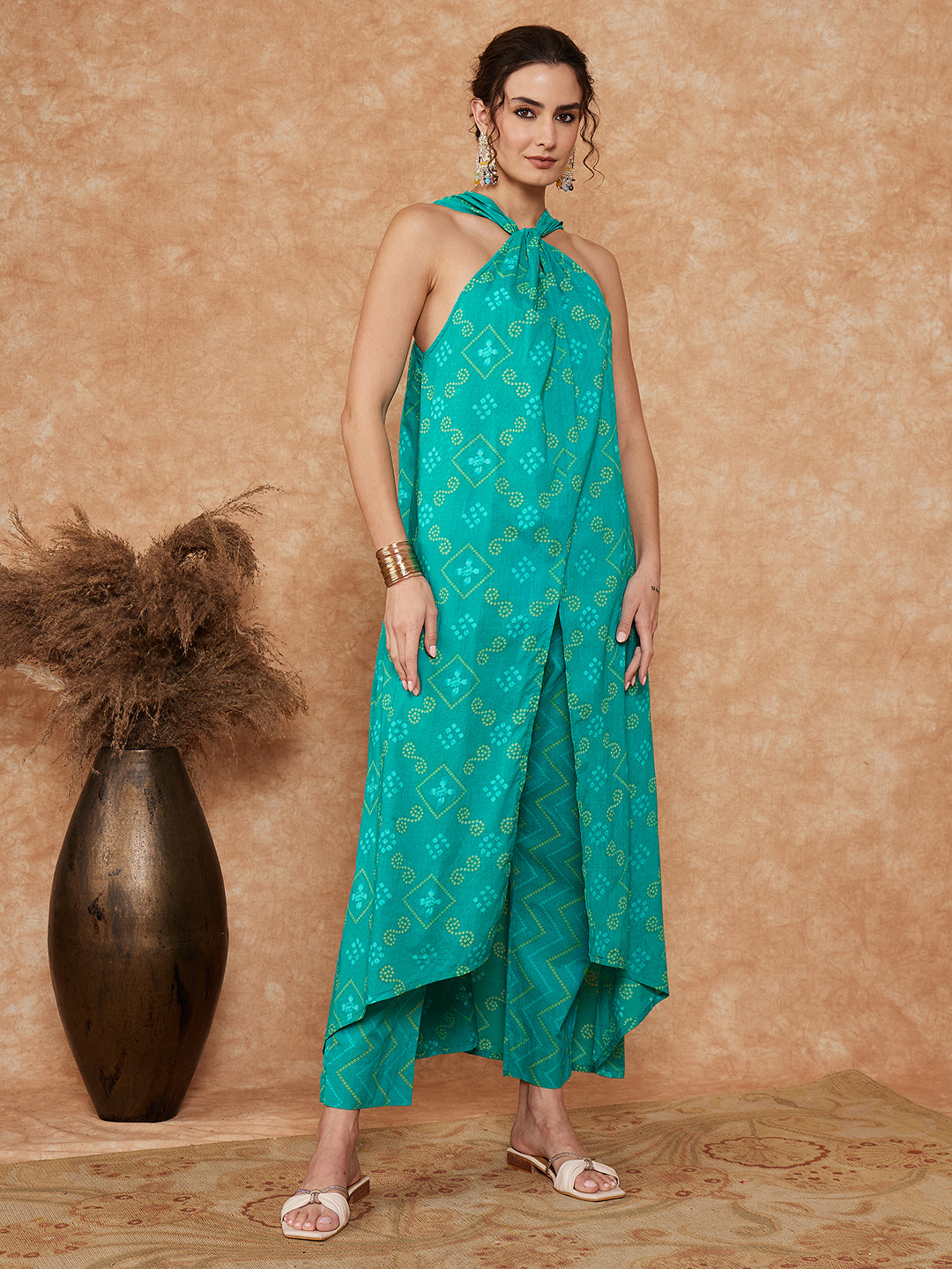 InWeave Women's Aqua S Print Twisted Neckline Kurta Pant Set