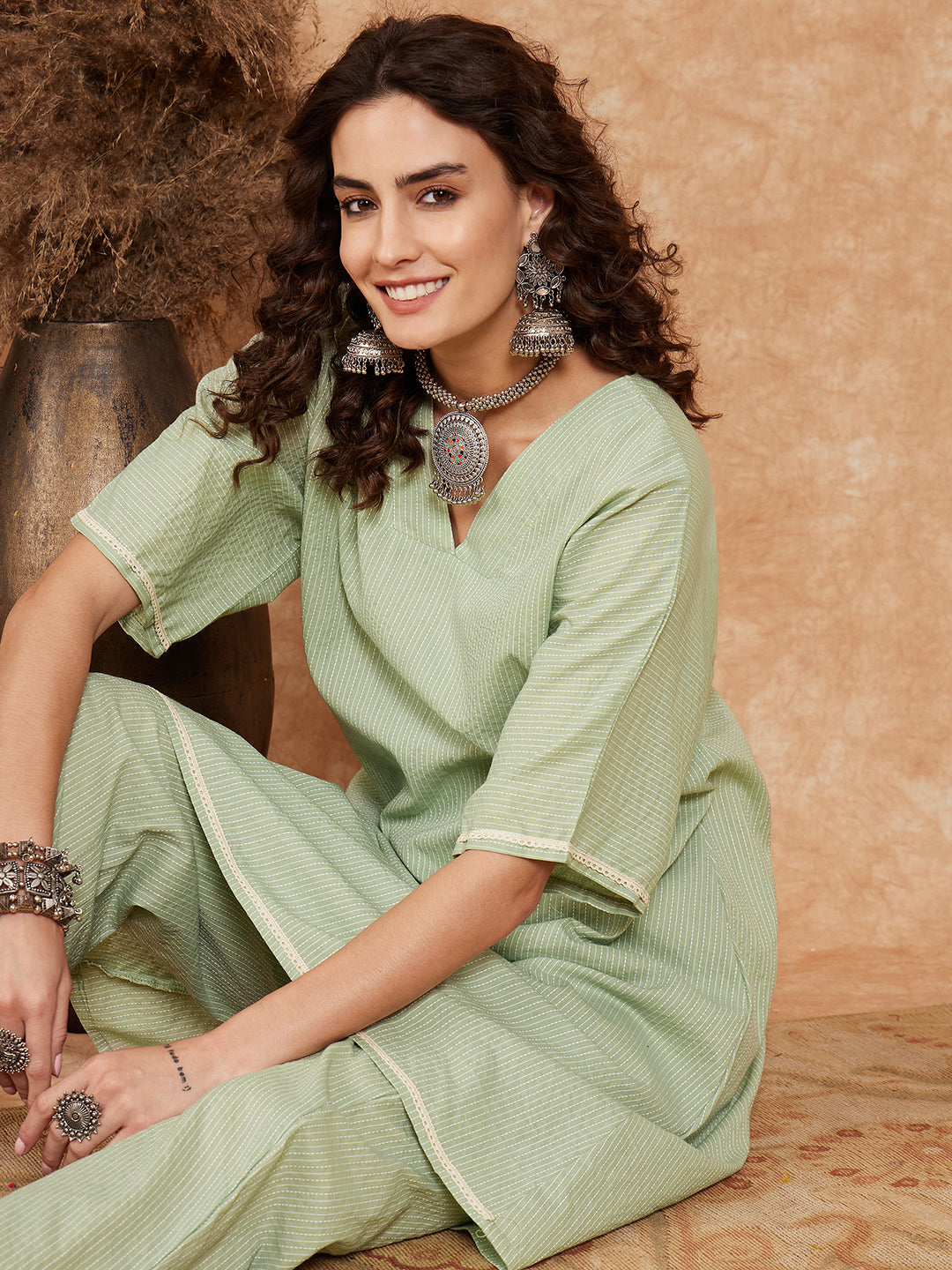 InWeave Women's Sage Green Kantha Lace Wrok Kimono Sleeve Kurta Set