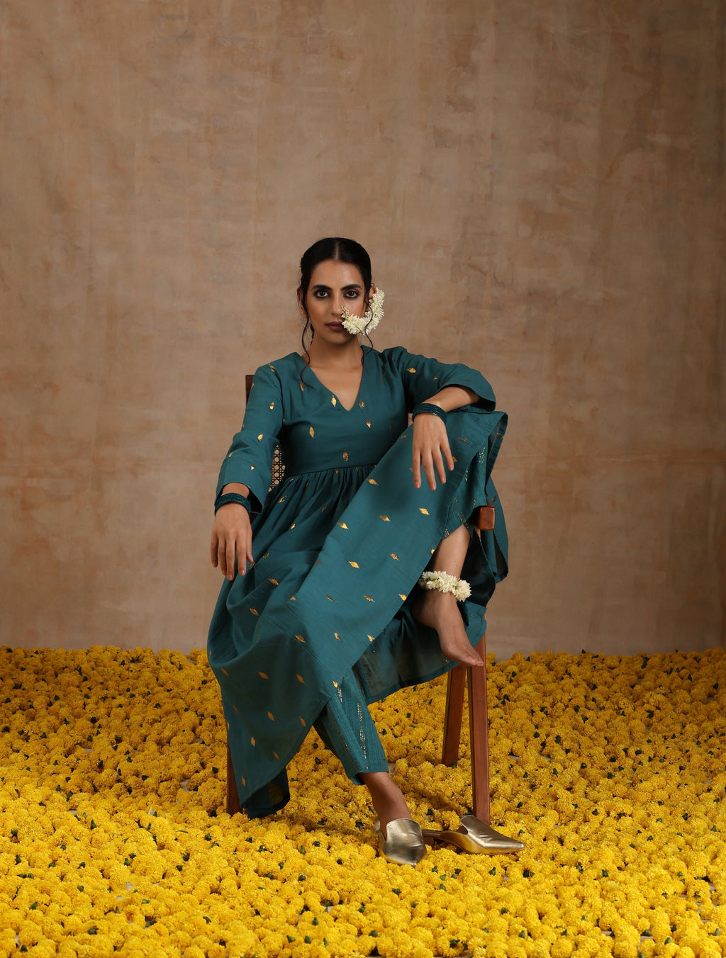 trueBrowns Deep Sea Gold Cotton Kalidar Kurta Set