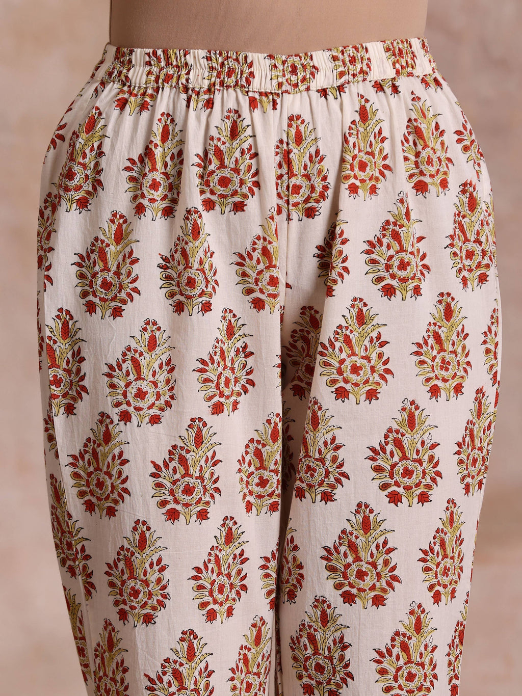 trueBrowns White With Red Yellow Buta Block Print Cotton Kurta Pant Dupatta Set