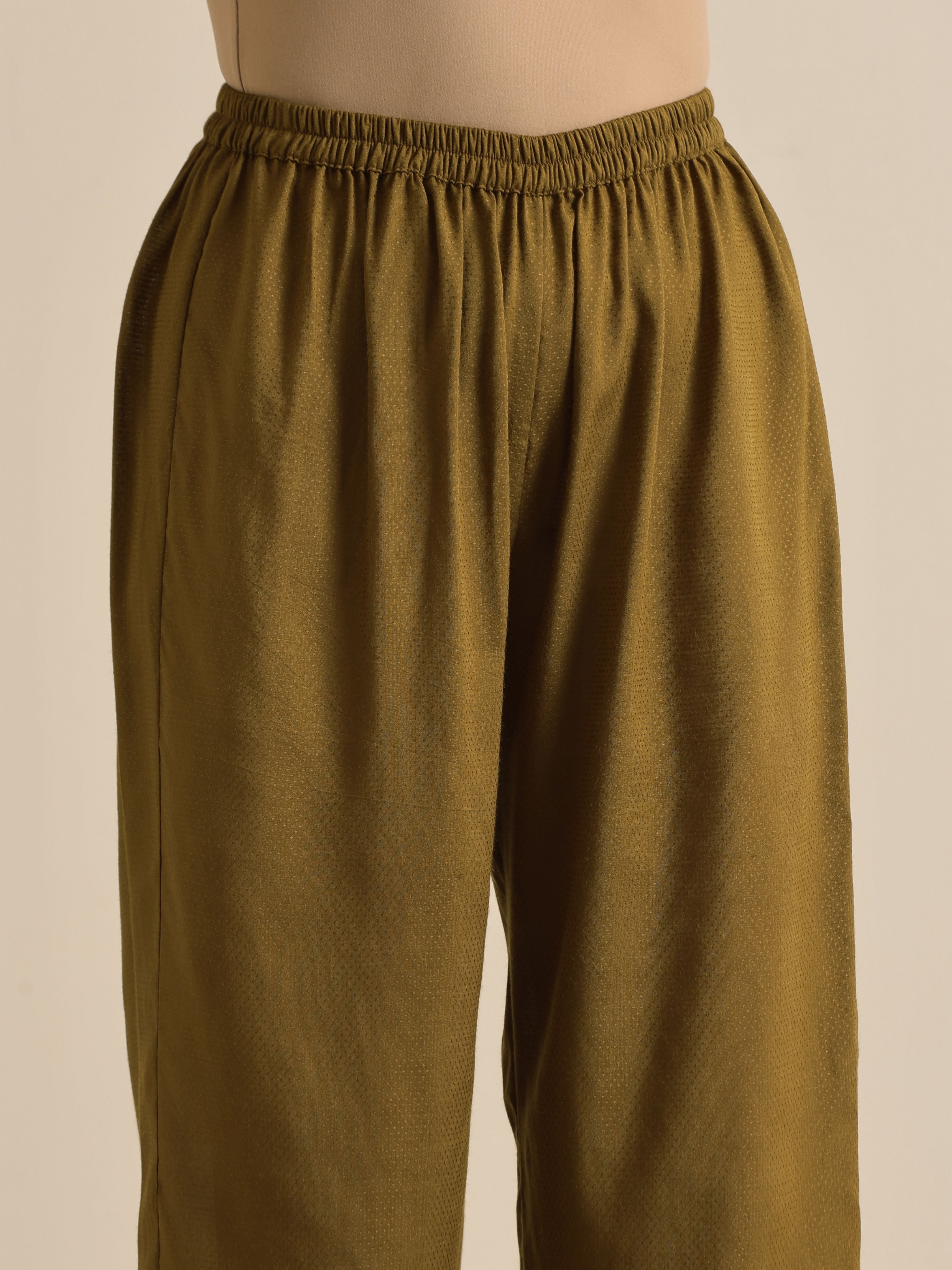 trueBrowns Olive Green Texture Doddy Kaftan Gathered Co-Ord Set