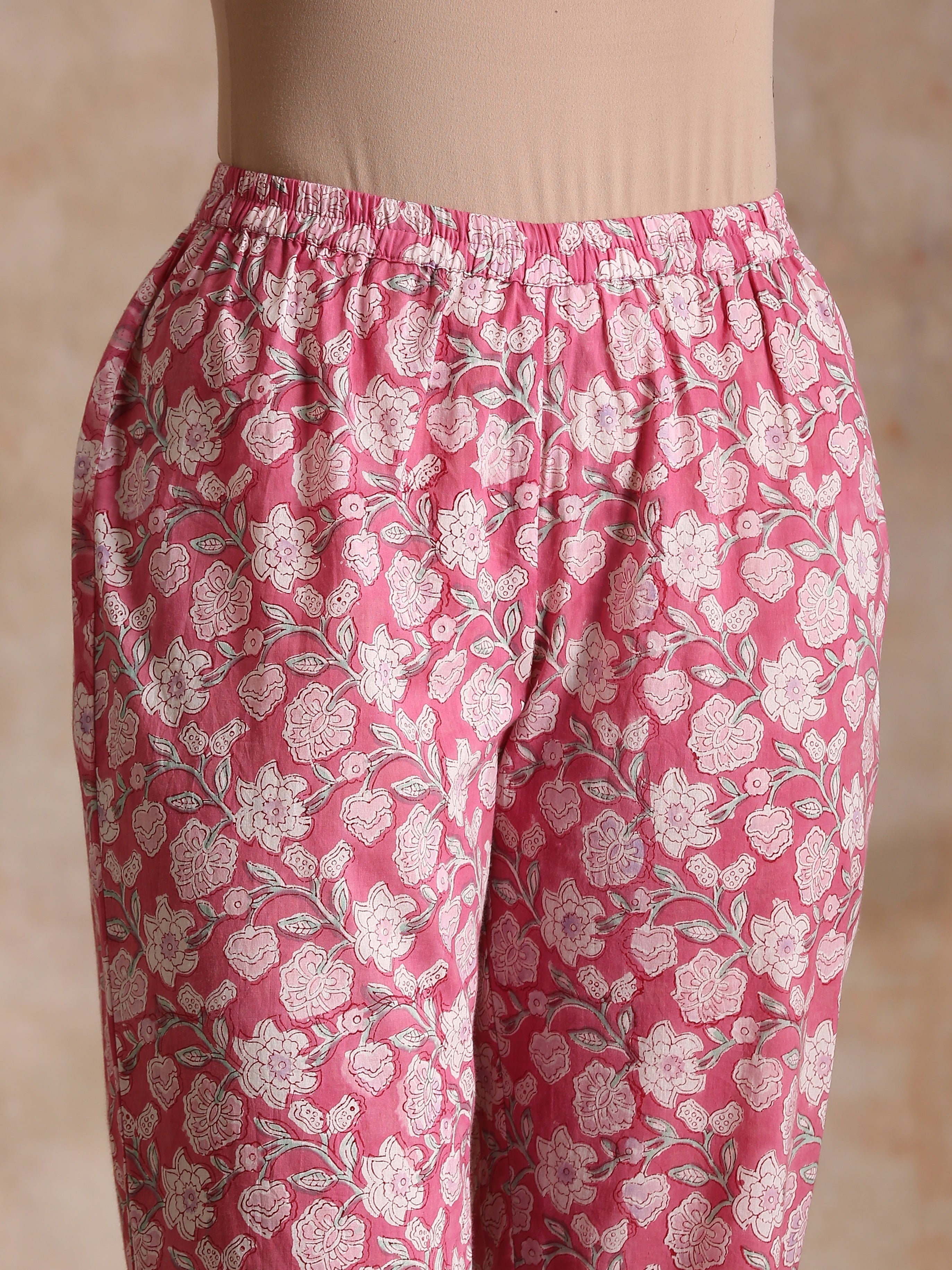 trueBrowns Pink Overall Floral Block Print Cotton Flared Kurta Pant Set