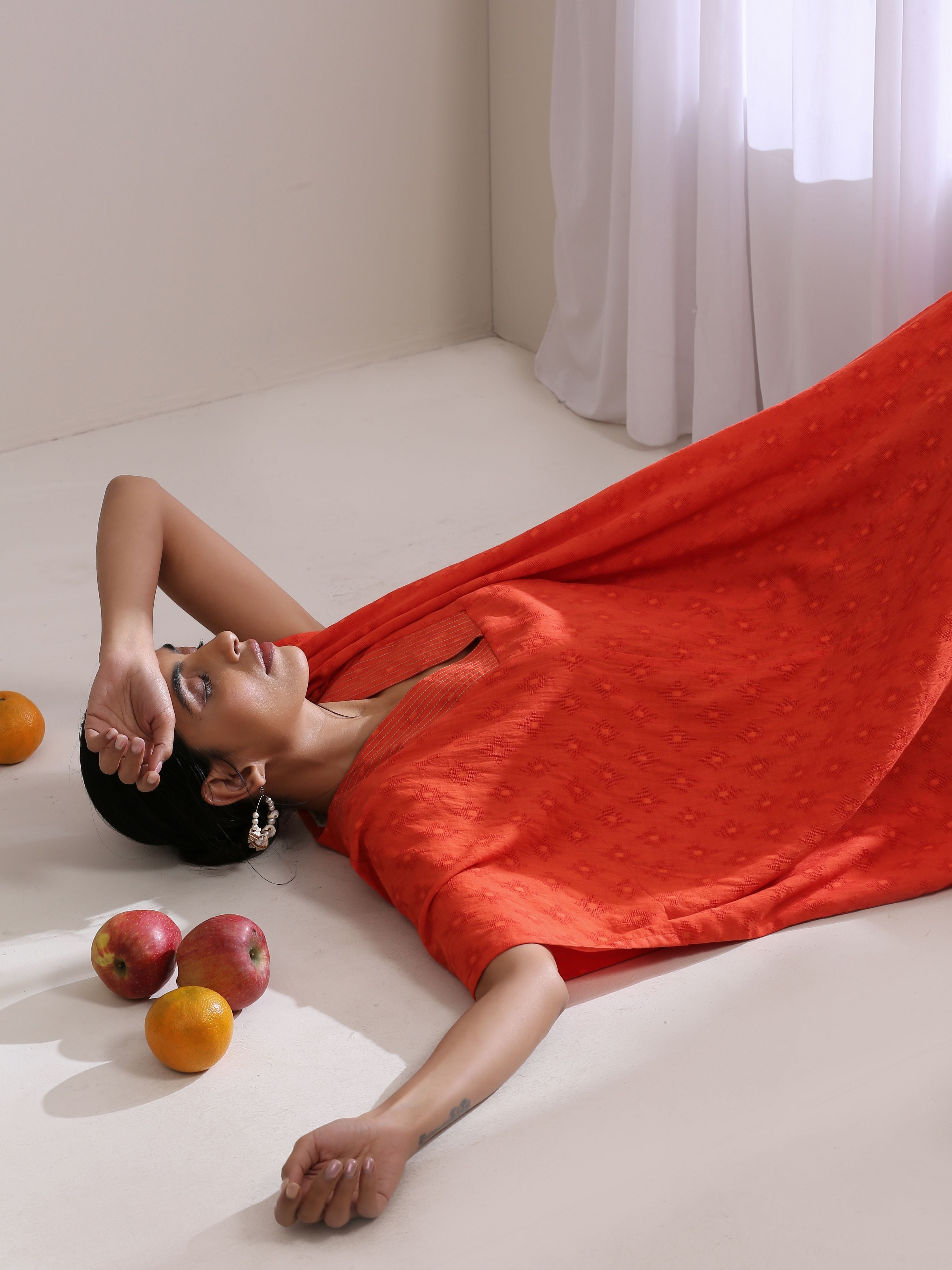 trueBrowns Orange Dobby Panel Kaftan Dress