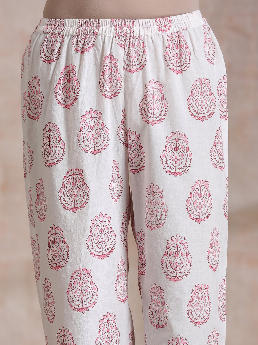 trueBrowns Pink Big Buta On White Print Cotton Panel Kaftan Kurta Pant Set