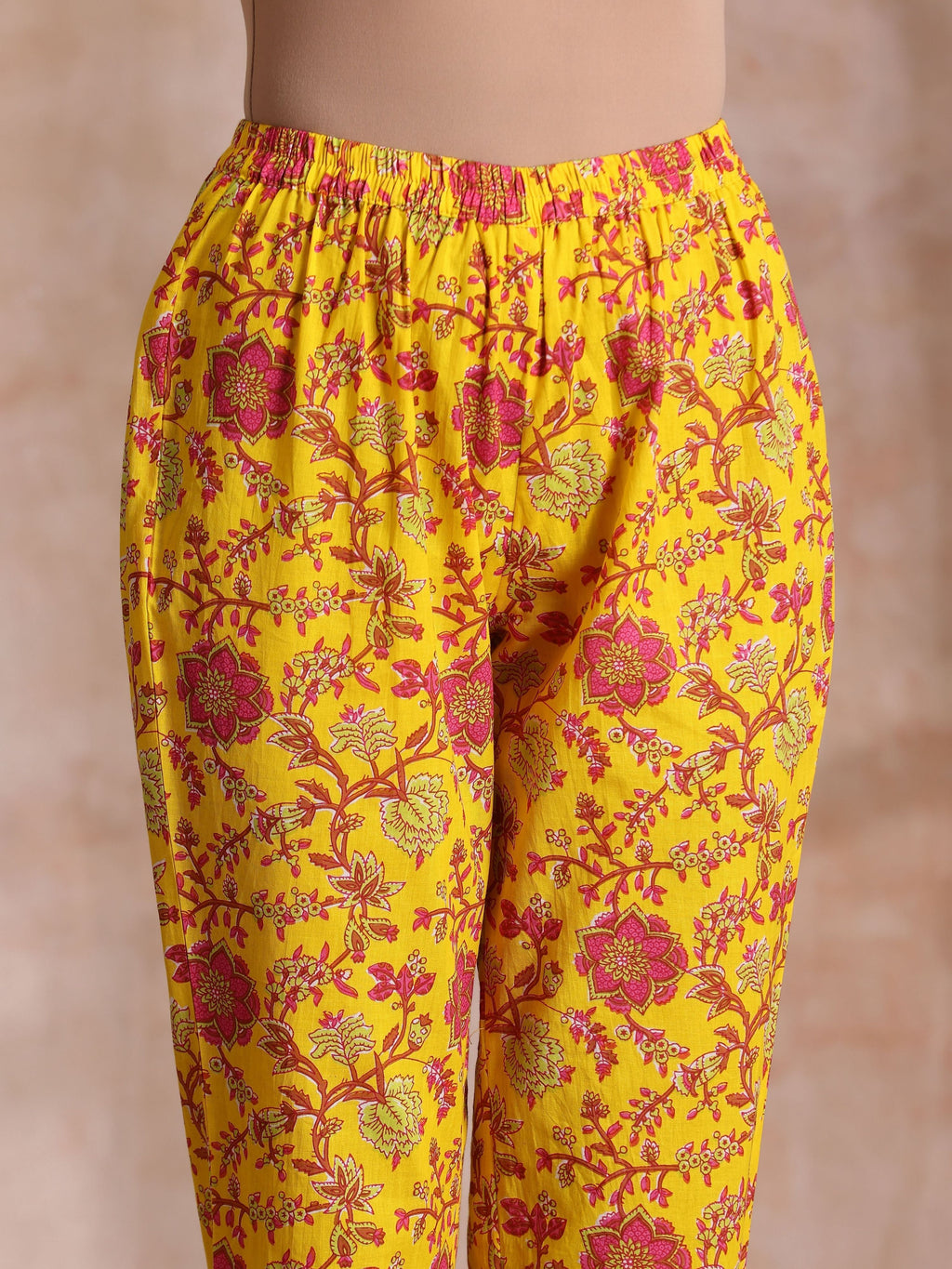 trueBrowns Sunshine Yellow Overall Floral Block Print Cotton Kurta Pant Dupatta Set