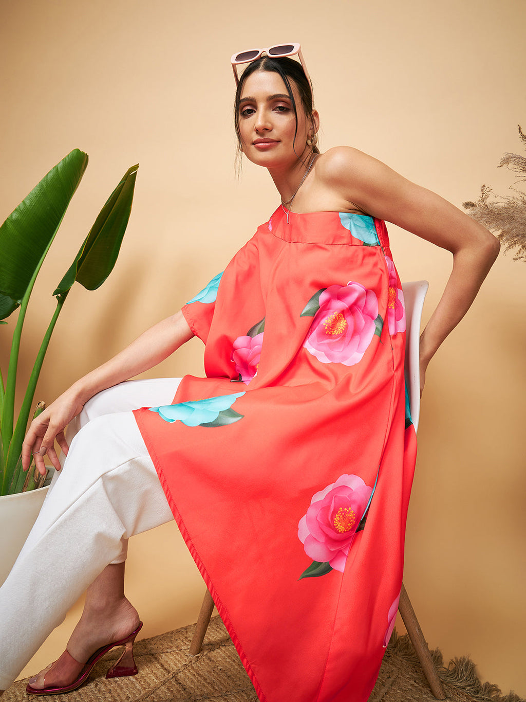 InWeave Women's Dark Orange Pink Blue Flower One Shoulder Kurta