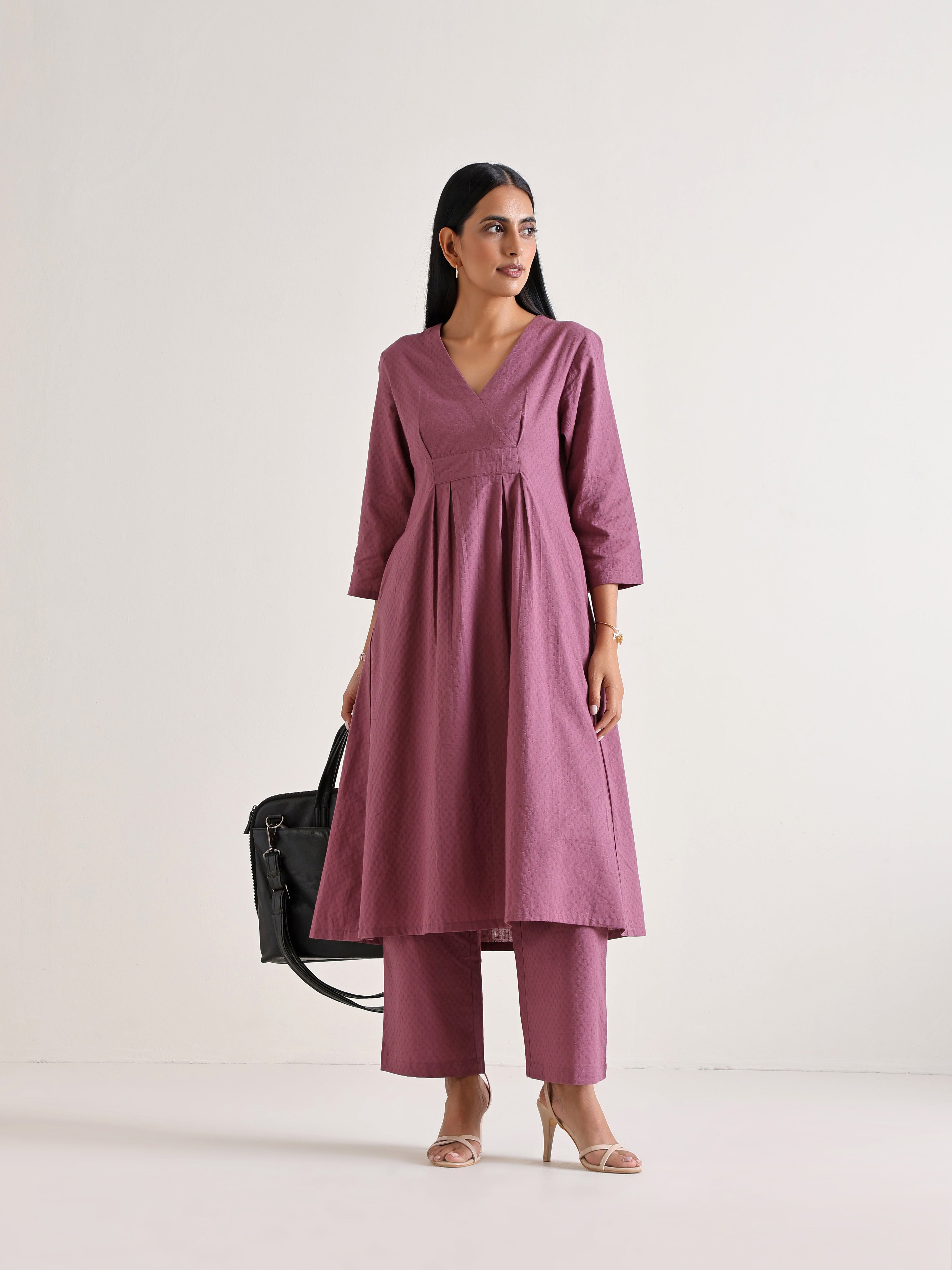 trueBrowns Orchid Overlap Pleat Kurta Pant Set