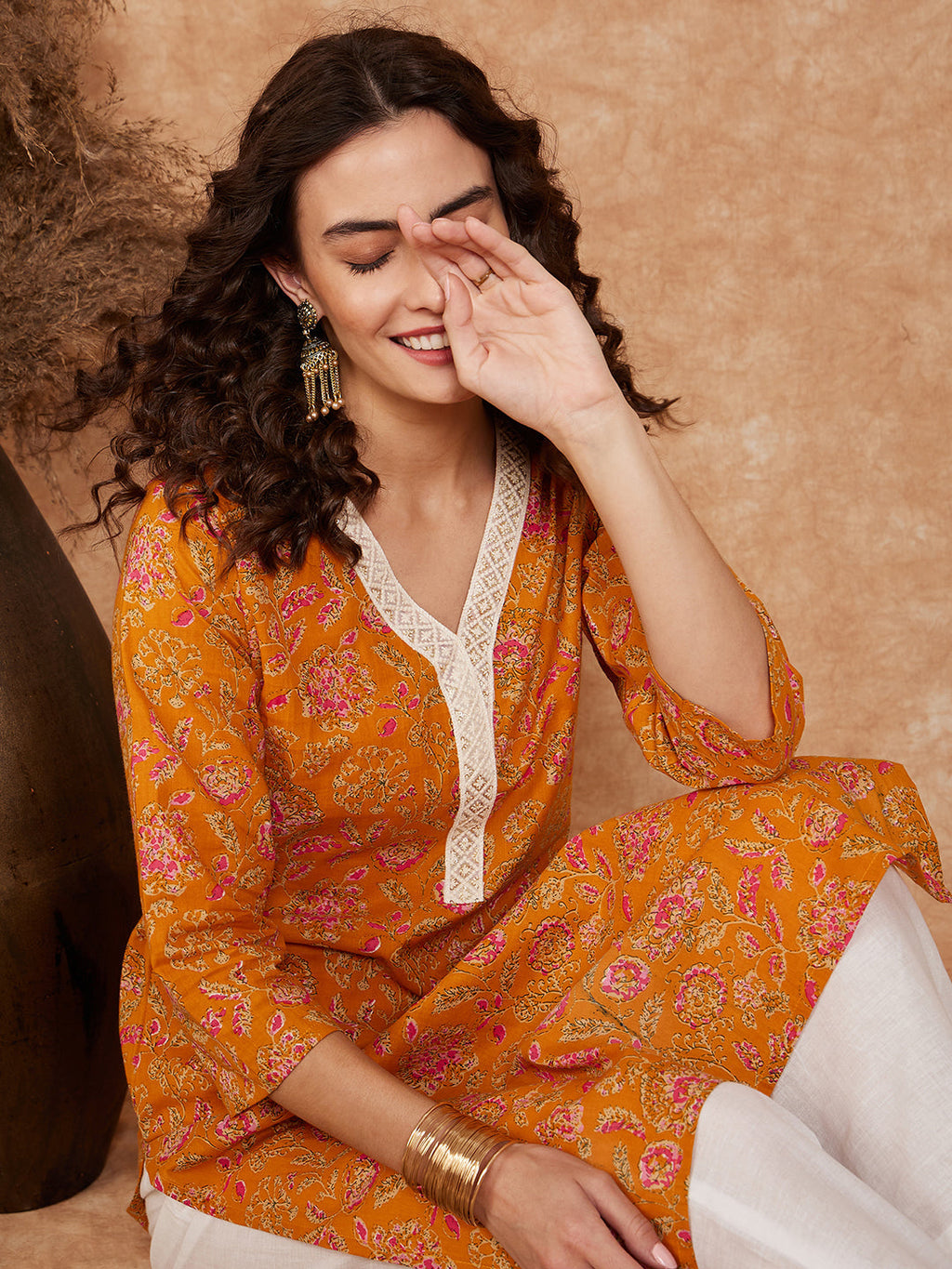 InWeave Women's Fire Yellow Print V Neck Lace Work Straight Kurta
