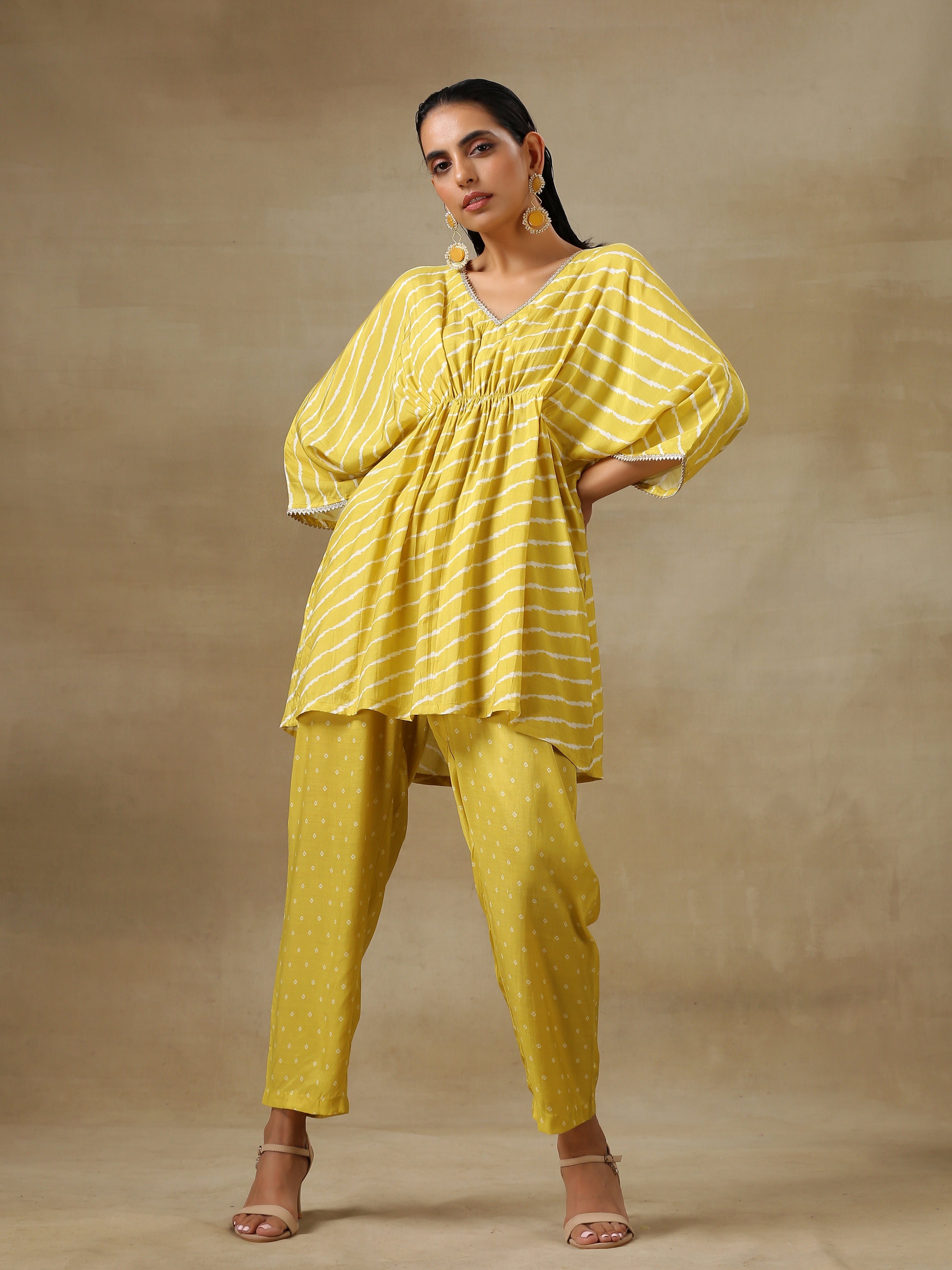 trueBrowns Lime Green Bandhani Printed Silk Drop Shoulder Co-Ord Set
