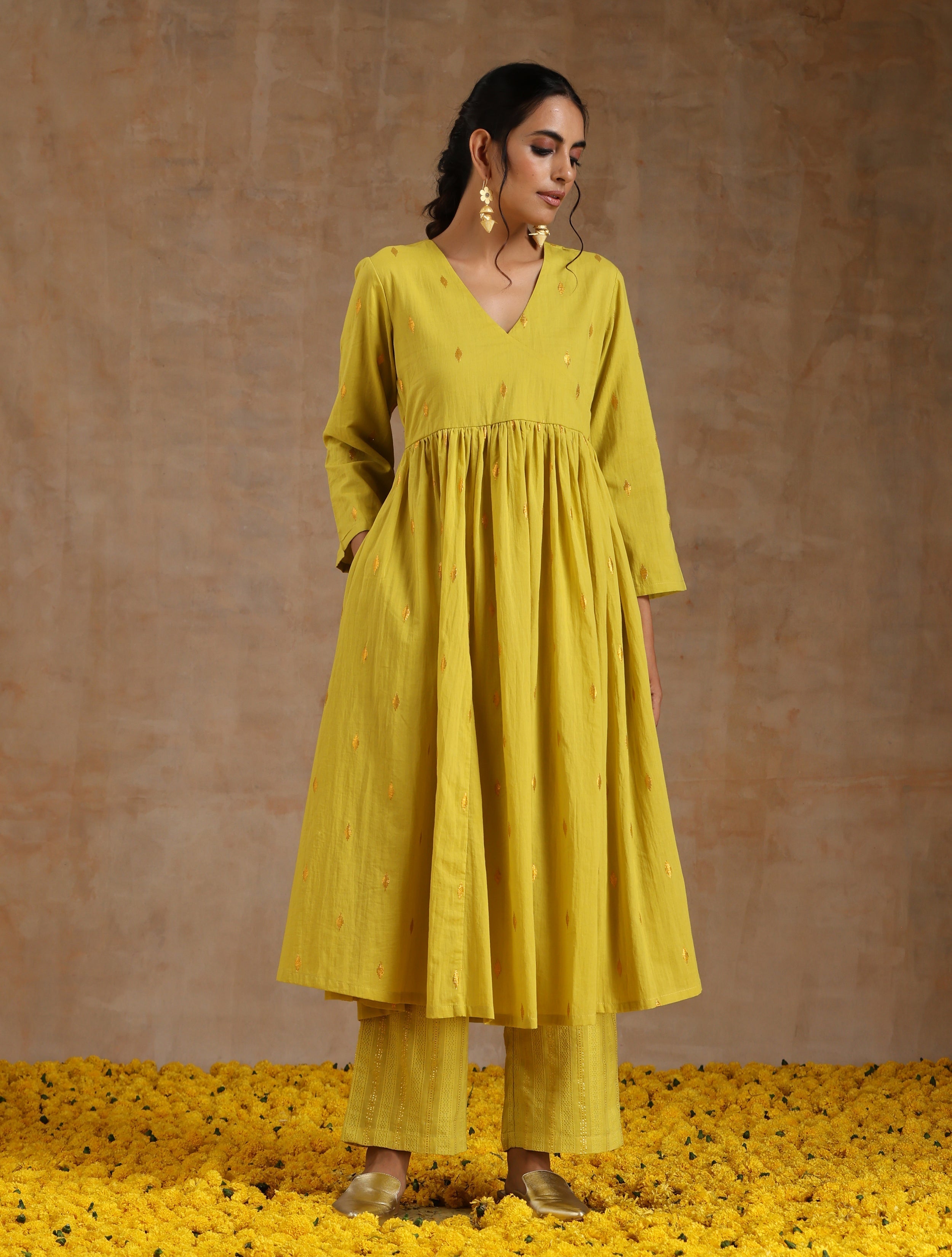 trueBrowns Lime Gold Cotton Kalidar Kurta Set