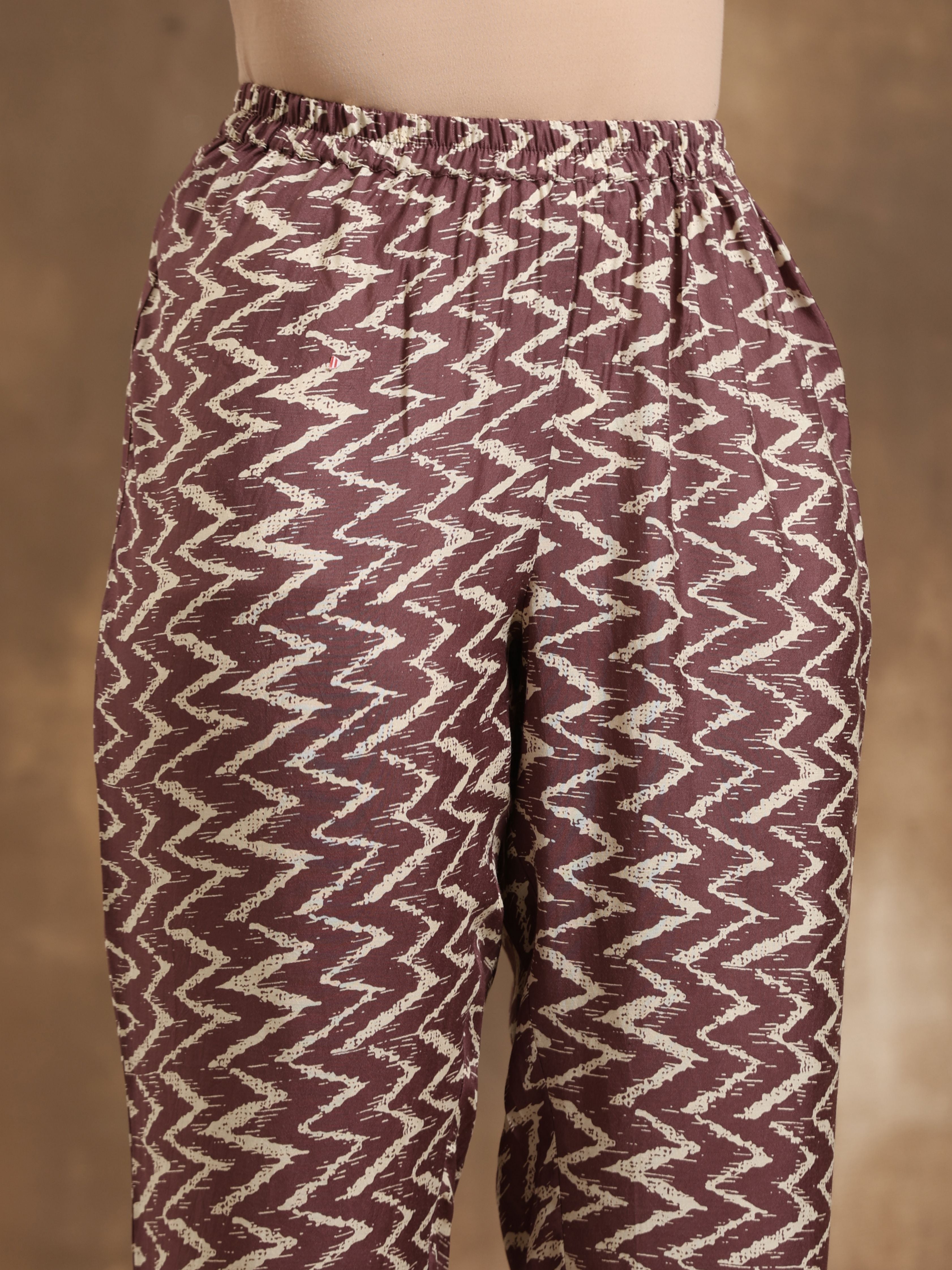 trueBrowns Dark Mauve Zig Zag Printed Silk Kaftan Co-Ord Set