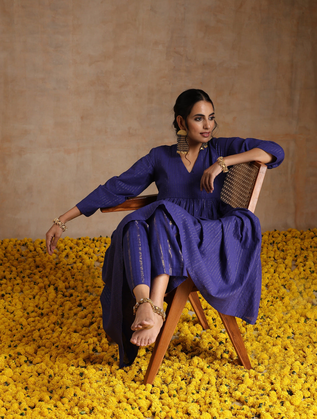trueBrowns Spectrum Blue Gold Cotton Kalidar Kurta Set