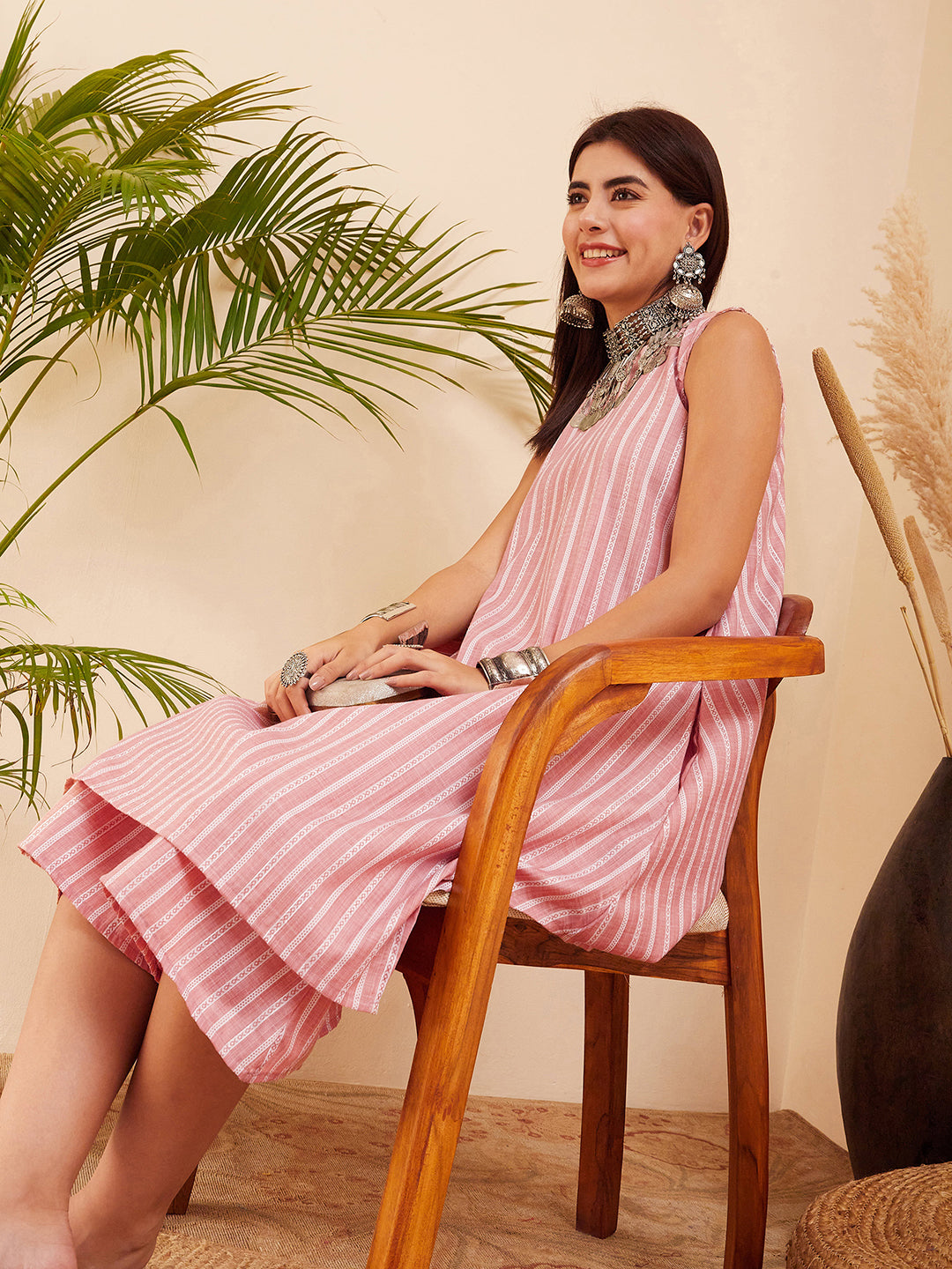 InWeave Women's Light Pink Lurex Kantha Mandarin Neck Kurta Palazzo Set