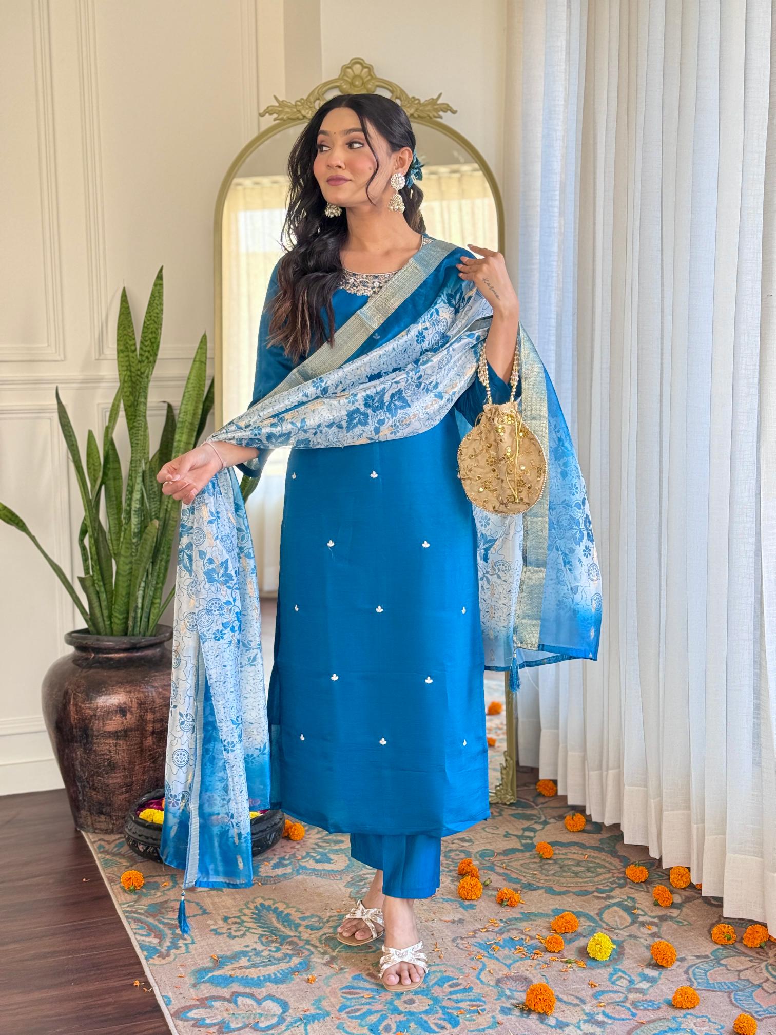 The52 Women's Beautiful Roman Silk Embroidered Straight Kurta with Pant And Dupatta Set