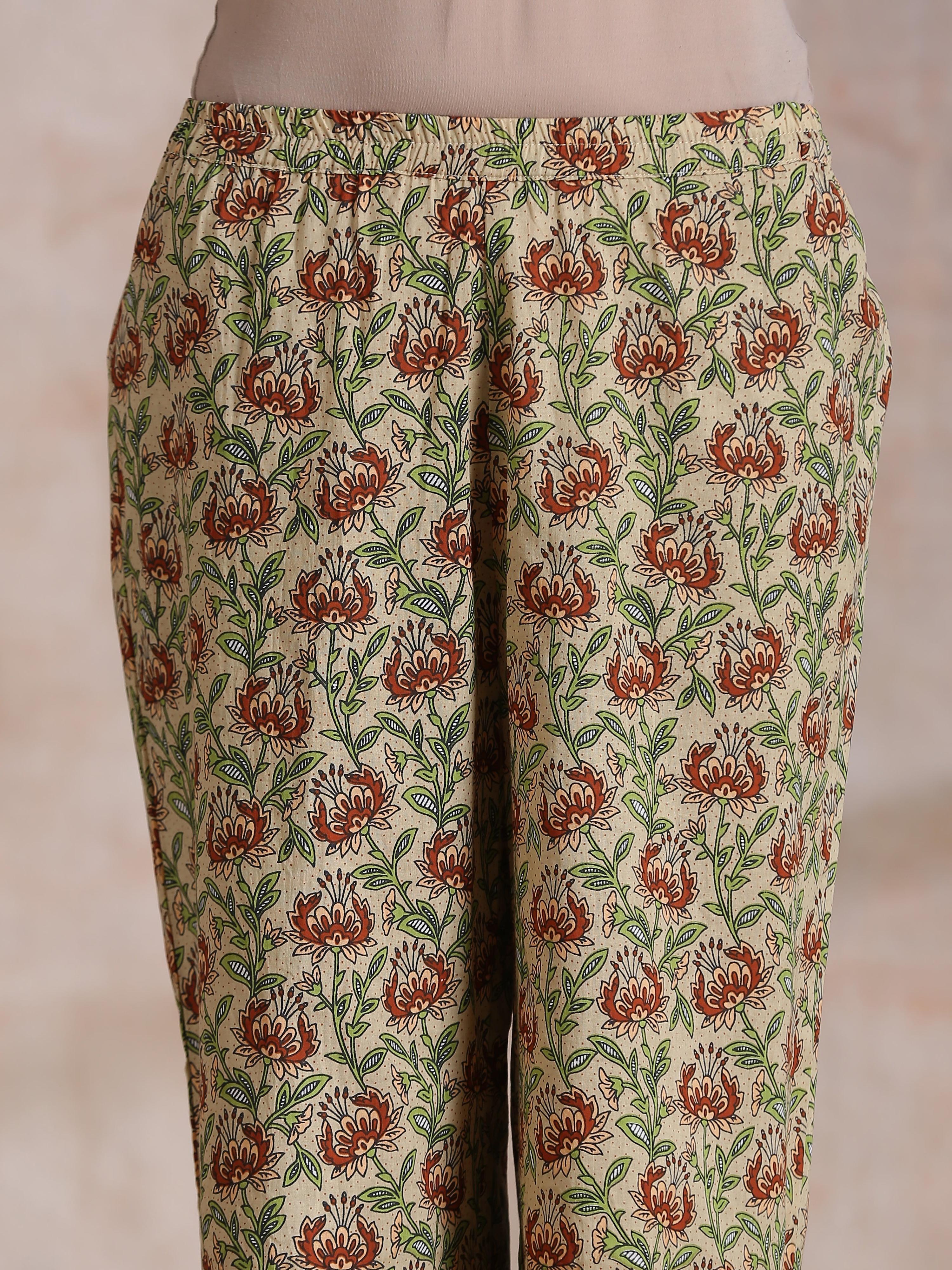trueBrowns Beige Overall Brown Floral Block Print Cotton High-Low Co-Ord Set