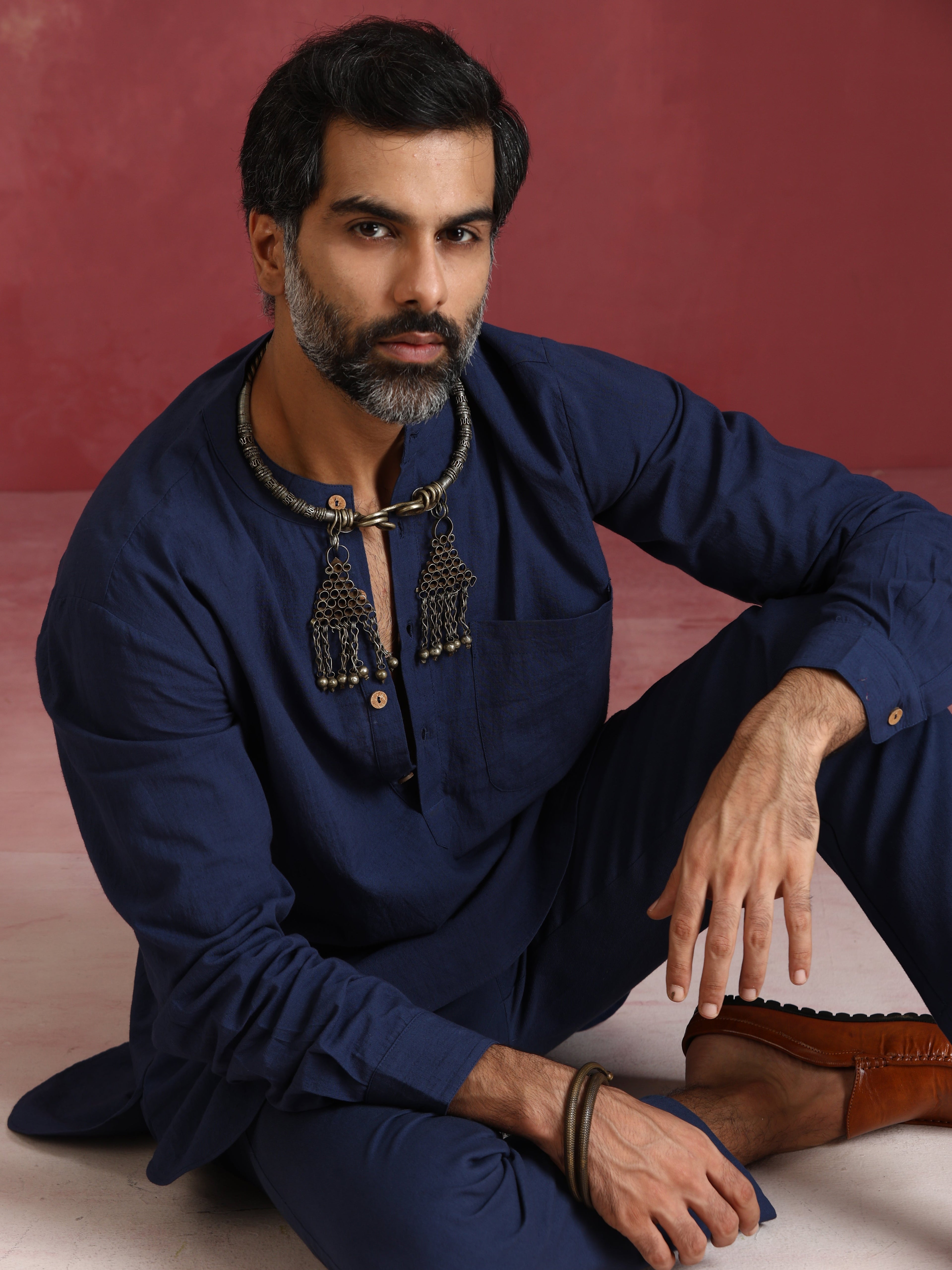 trueBrowns Men's Navy Cotton Mandarin Collar Kurta Co-ord set
