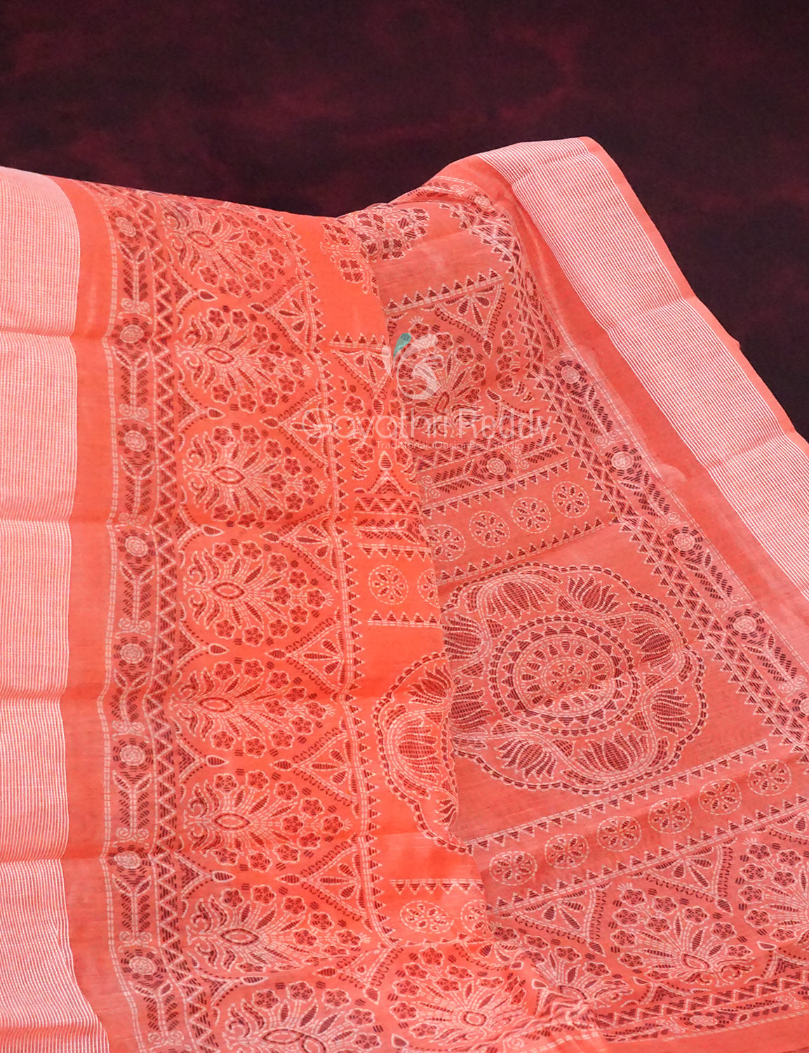 Peachish Orange Block Printed Semi Chanderi Saree By Gayathri Reddy Designer Studio