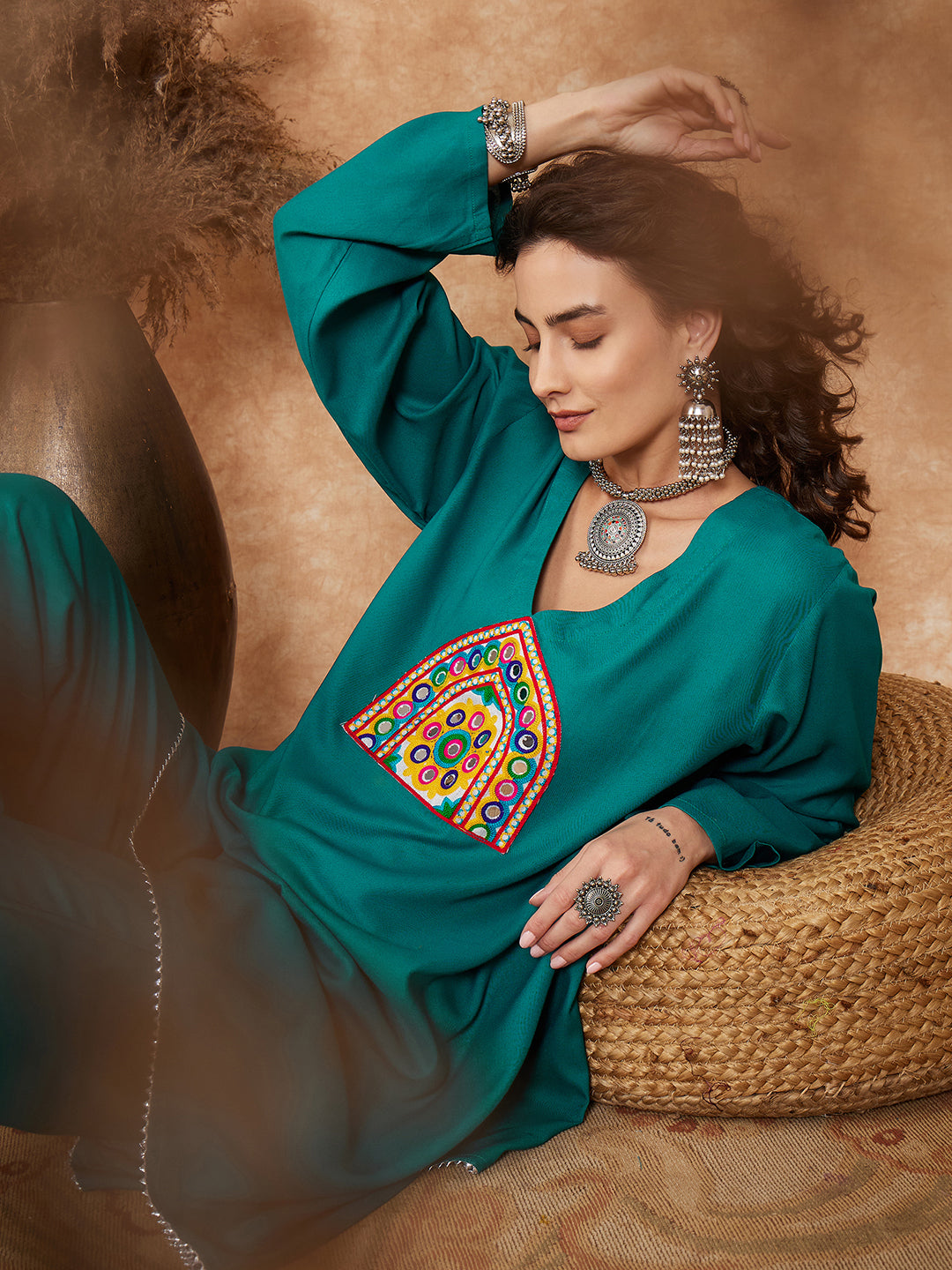 InWeave Women's Teal Trangle Yellow Patch Work Assymentrical Kurta Set