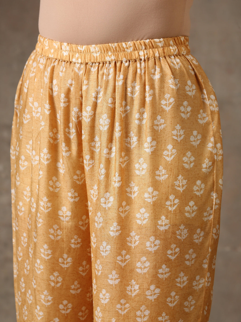 trueBrowns Beige White Flared Printed Silk Kurta Pant Set