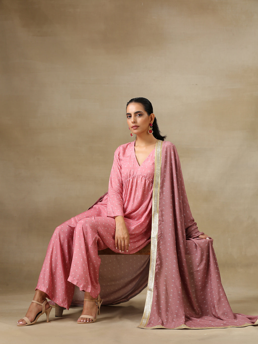 trueBrowns Light Mauve Bandhani Printed Silk Flared Kurta Pant Dupatta Set